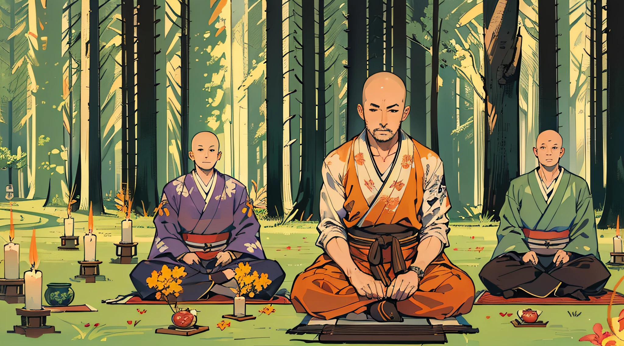 (masterpiece, best quality:1.2), (1man, solo), (50years old:1.1), (full body, sitting and meditation), (full body, sitting and meditation, beautiful forest, talking to group of students) Japanese monk's working clothes, (skin head, no hair), closing eyes, (Japanese old style room, a lot of candles)