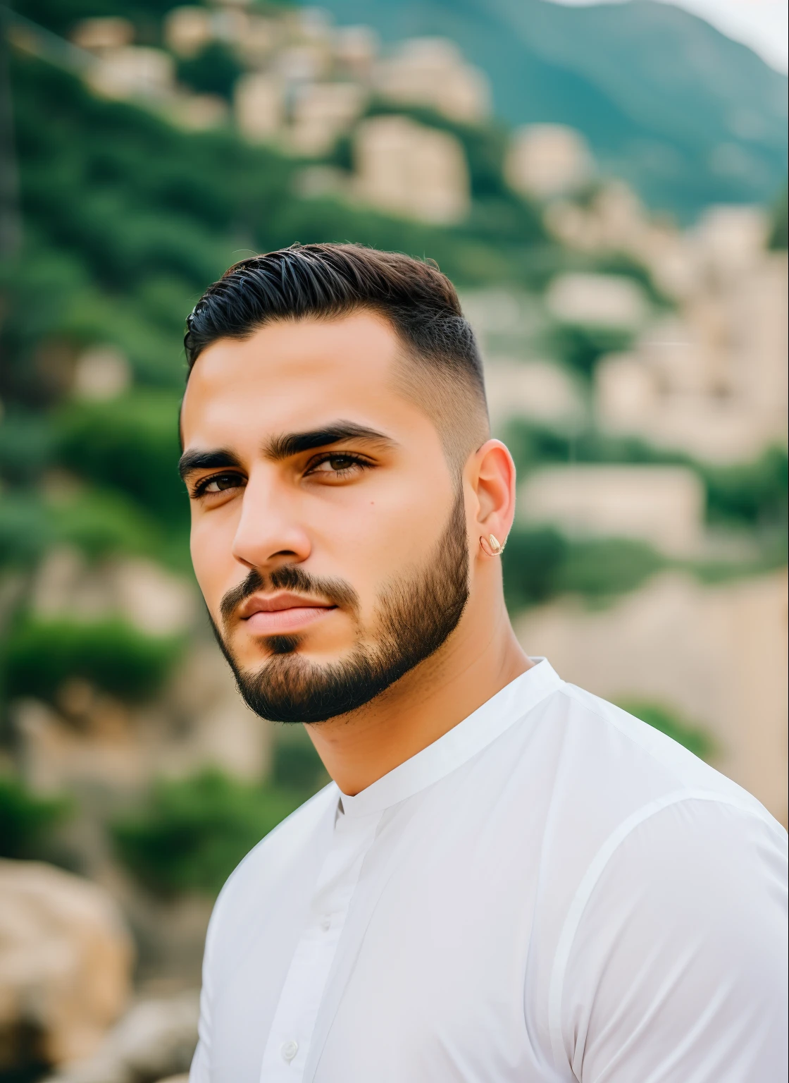 Homem com barba e camisa branca em frente a uma montanha, Retrato de um jovem italiano masculino, Cantor Maluma, Jovem homem grego, foto de perfil profissional, foto de perfil headshot, Raphael Personnaz, retrato de alta qualidade, Sam Nassour, cinematic headshot portrait, arab man light beard, retrato de perfil, retrato headshot, stefano brunesci