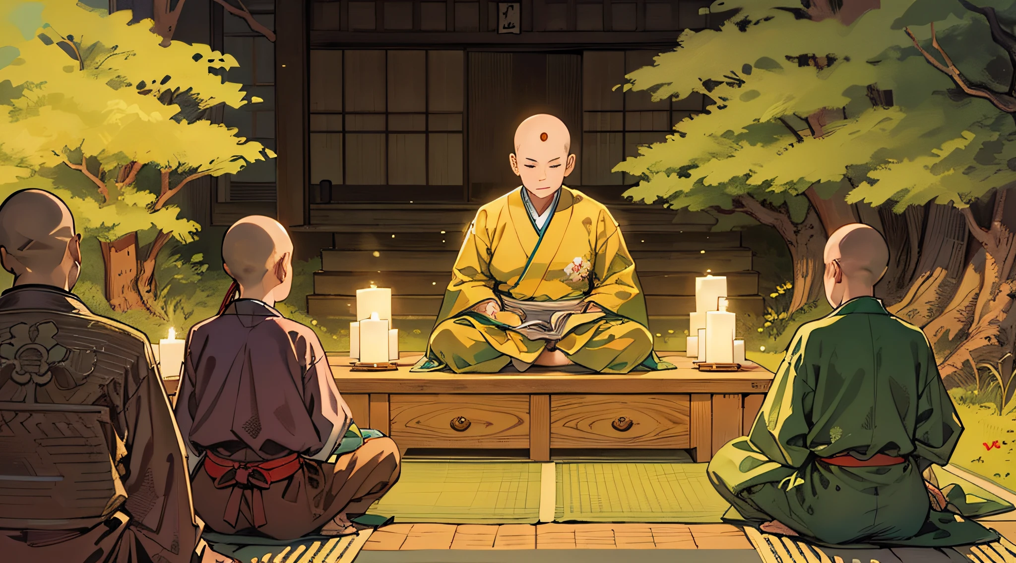 (masterpiece, best quality:1.2), (1man, solo), (50years old:1.1), (full body, sitting and meditation), (full body, sitting and meditation, beautiful forest, talking to group of students) Japanese monk's working clothes, (skin head, no hair), closing eyes, (Japanese old style room, a lot of candles)