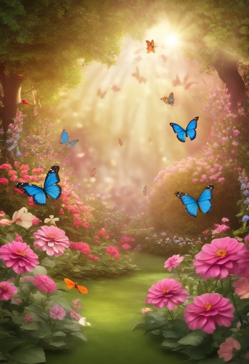 enchanted garden background, butterflies of different sizes and colors flying, small birds, a variety of flowers and colors, predominantly pink. Cheerful, inviting, delicate, 3d cartoon style image