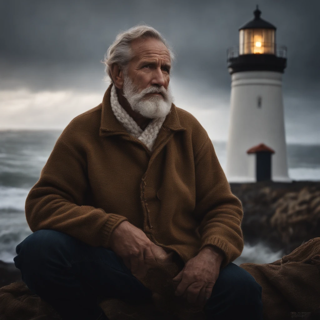 face portrait of an rugged (old fisherman:1.3), (face focus:1.5), (storm:1.2), (waves:1.3), ocean, (lighthouse background:1.3), (cowboy shot:1.4), (white turtleneck knitted sweater:1.3), looking at viewer, realistic, masterpiece, highest quality, backlighting, (lens flare:1.1), (bloom:1.1), (chromatic aberration:1.1), by Jeremy Lipking, by Antonio J. Manzanedo, digital painting