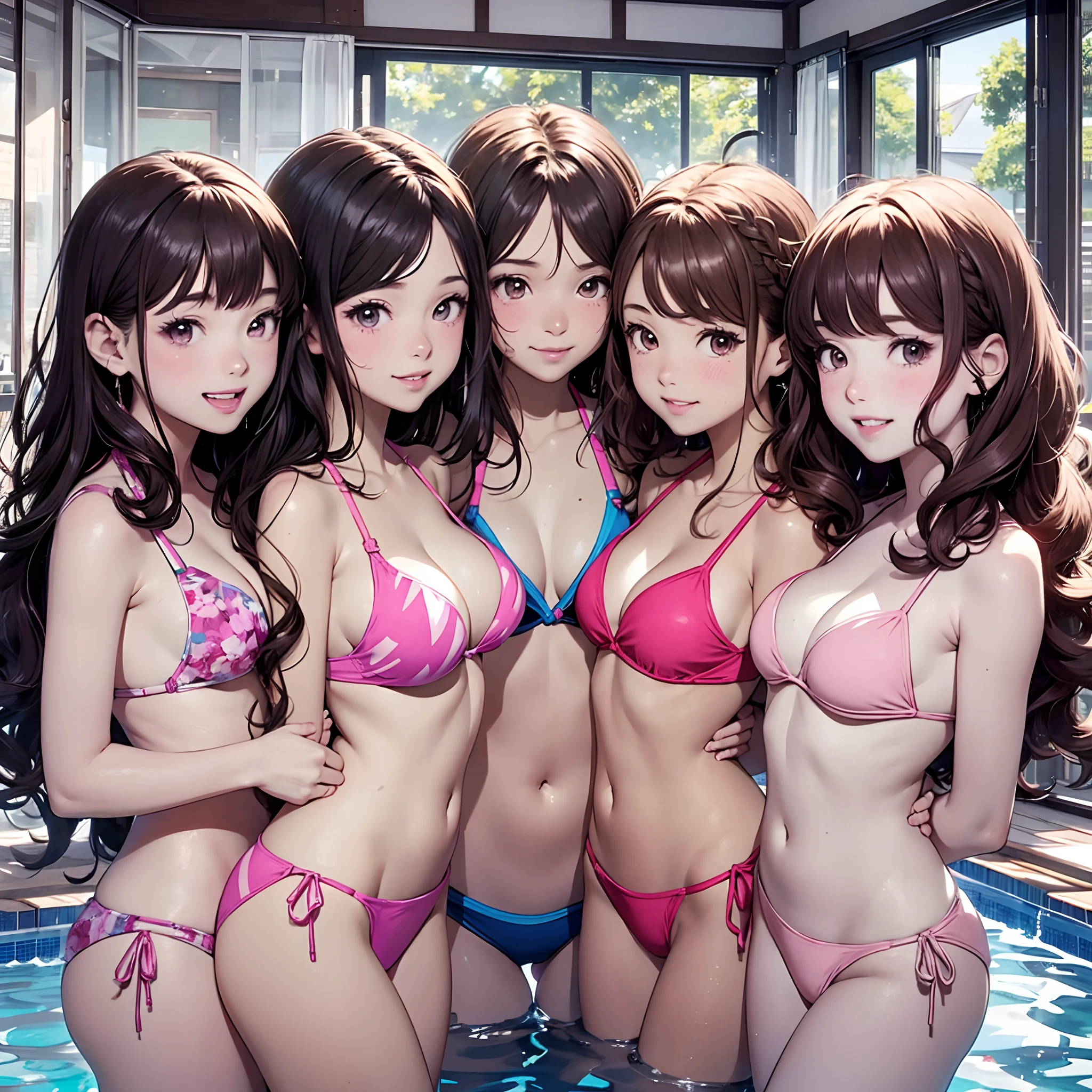 perfect anime illustration, identical septuplets, 7girls, clones, identical sisters, sisters crowded together, sisters in background, matching hairstyles, brown hair, curly hair, matching hairstyle, hazel eyes, smiling, ((pink Bikinis, matching outfits)), indoor pool, highres, full body