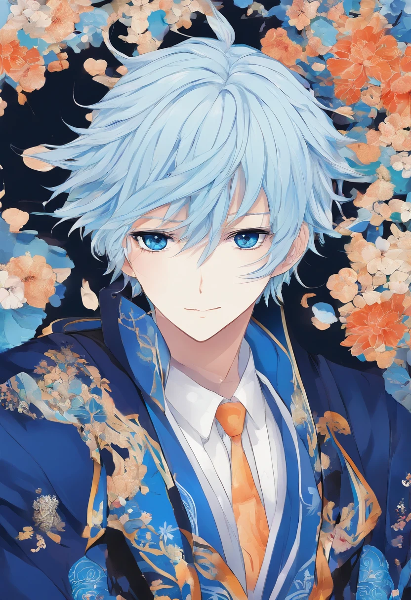 Estilo anime + homem adulto + cabelos pretos e longos + olhos azuis + franja no olho esquerdo + barba rala + terno social preto com colete azul + cristal azul com asas de borboleta na gola