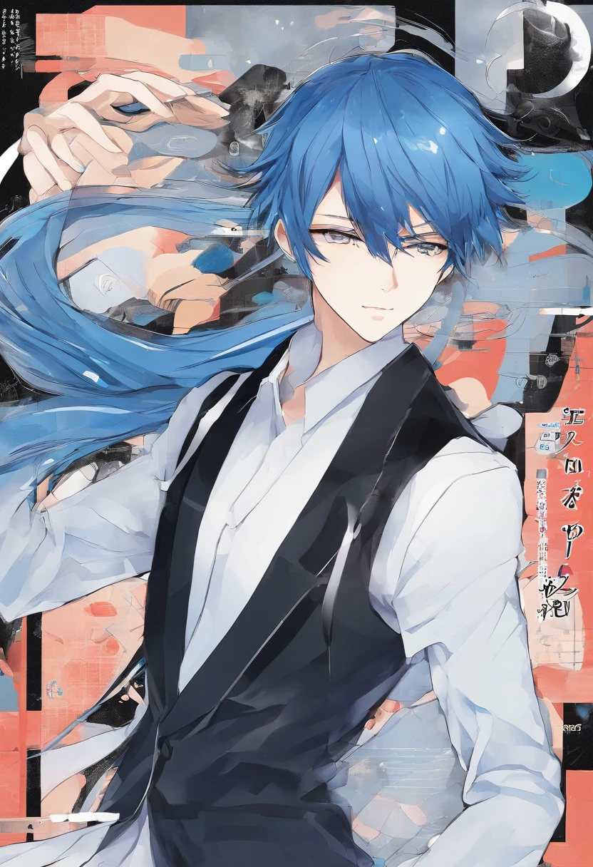 Estilo anime + homem adulto + cabelos pretos e longos + olhos azuis + franja no olho esquerdo + barba rala + terno social preto com colete azul + cristal azul com asas de borboleta na gola