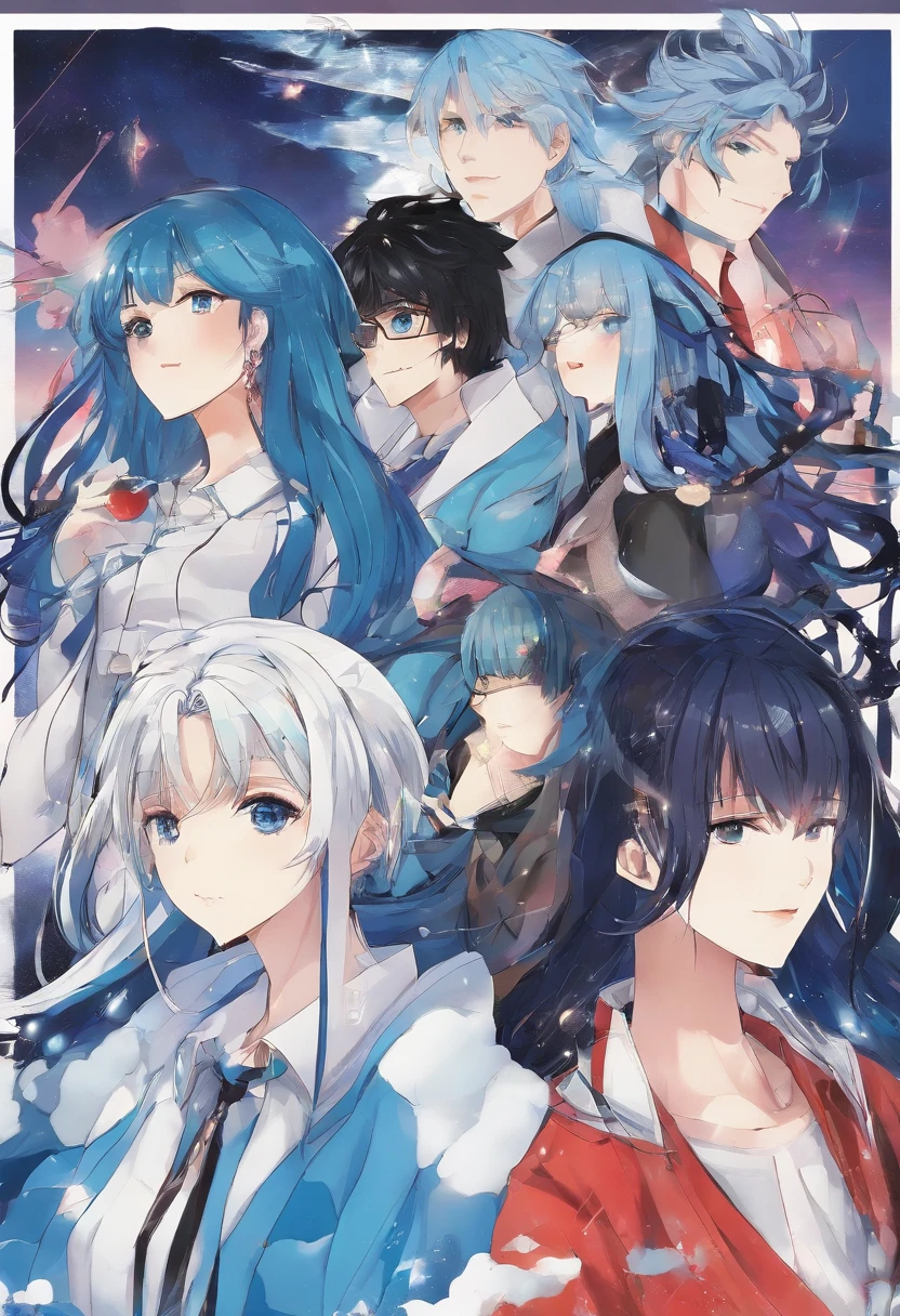 Estilo anime + homem adulto + cabelos pretos e longos + olhos azuis + franja no olho esquerdo + barba rala + terno social preto com colete azul + cristal azul com asas de borboleta na gola