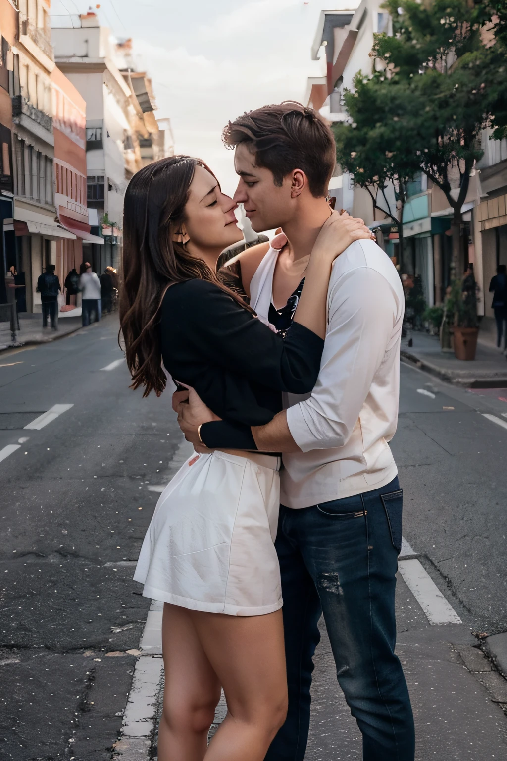 there is a man and woman standing next to each other, the girl has brown long hair and is wearing a white top with white jeans the boy is wearing a black scarf blue tshirt and black jeans, the boy is holding the girl's hips and the girl is holding the boy's shoulder