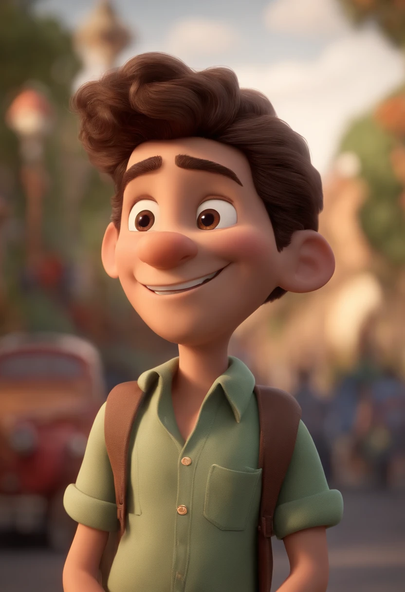 a happy cute, homem de 30 anos cabelo curto vestindo camisa preta , fundo branco, barnet, Tom, Estilo Pixar, ....3d, desenhos animados, rosto detalhado (baseado na imagem) asymmetrical 16k homem de 28 anos, cabelo escuro, olhos castanhos claros, em uma avenida movimentada, com roupas sociais, terno, estilo pixar, realista