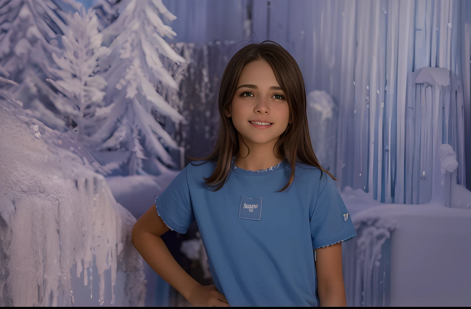 Girl in blue shirt standing in front of a wall with snow, foto de retrato de um pano de fundo, pano de fundo azul, Retrato de Elsa de Arendelle, imagem retrato, Princesa do gelo, full protrait, Retrato de Elsa de Frozen, sorrindo como uma rainha de fadas, em uma caverna gelada, Aubrey Powell, cyan photographic backdrop, imagem interna