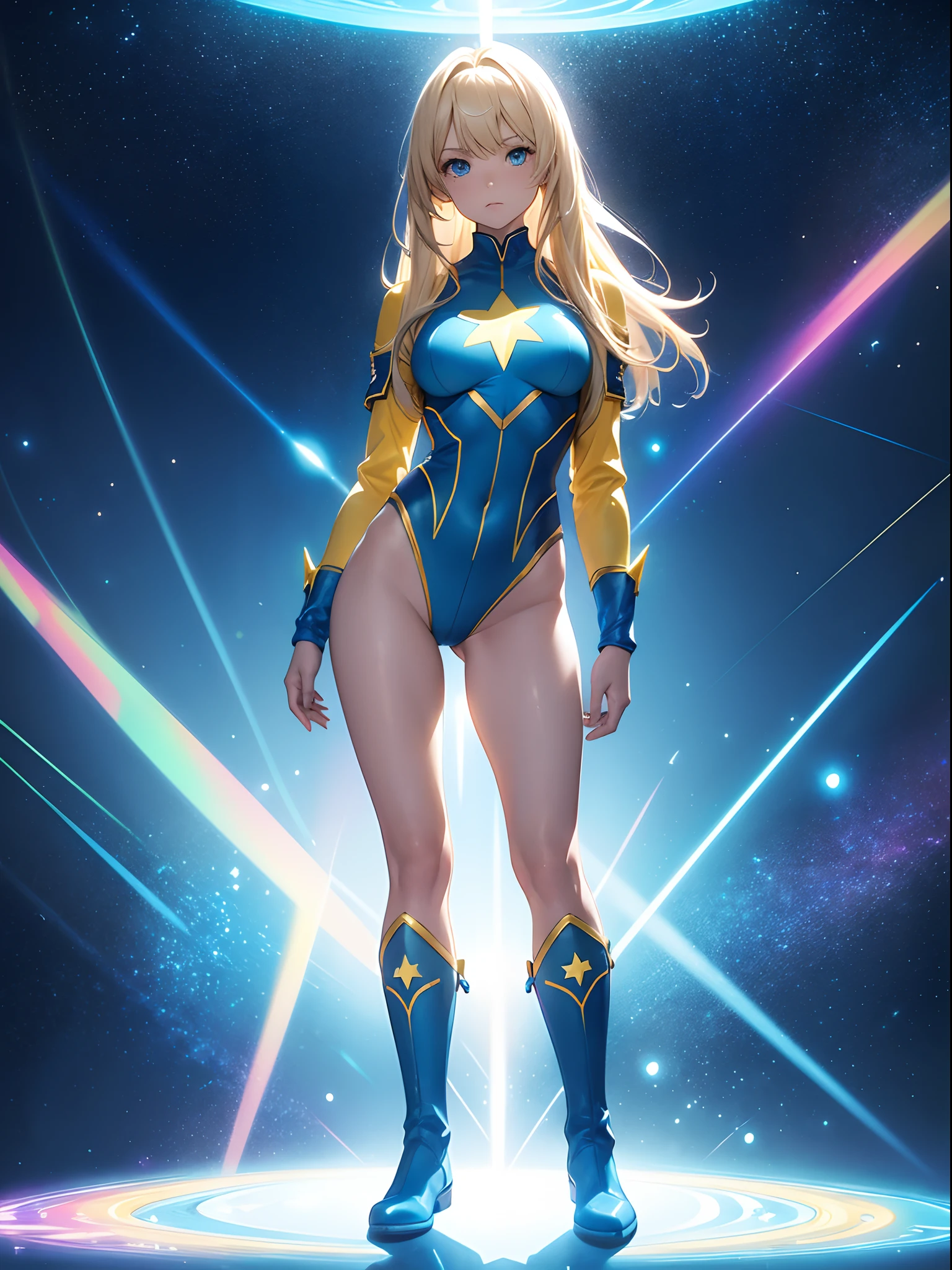 masterpiece, best quality, 1girl, superhero, blue and yellow leotard, bare legs, boots, matching boots, medium breasts, light particles, aura, blue aura, stand, standing, space backdrop, hand on hip, blonde hair, long hair, long sleeves, ankle boots, full body shot, perfect anatomy, star symbol, beautiful detailed eyes, solo