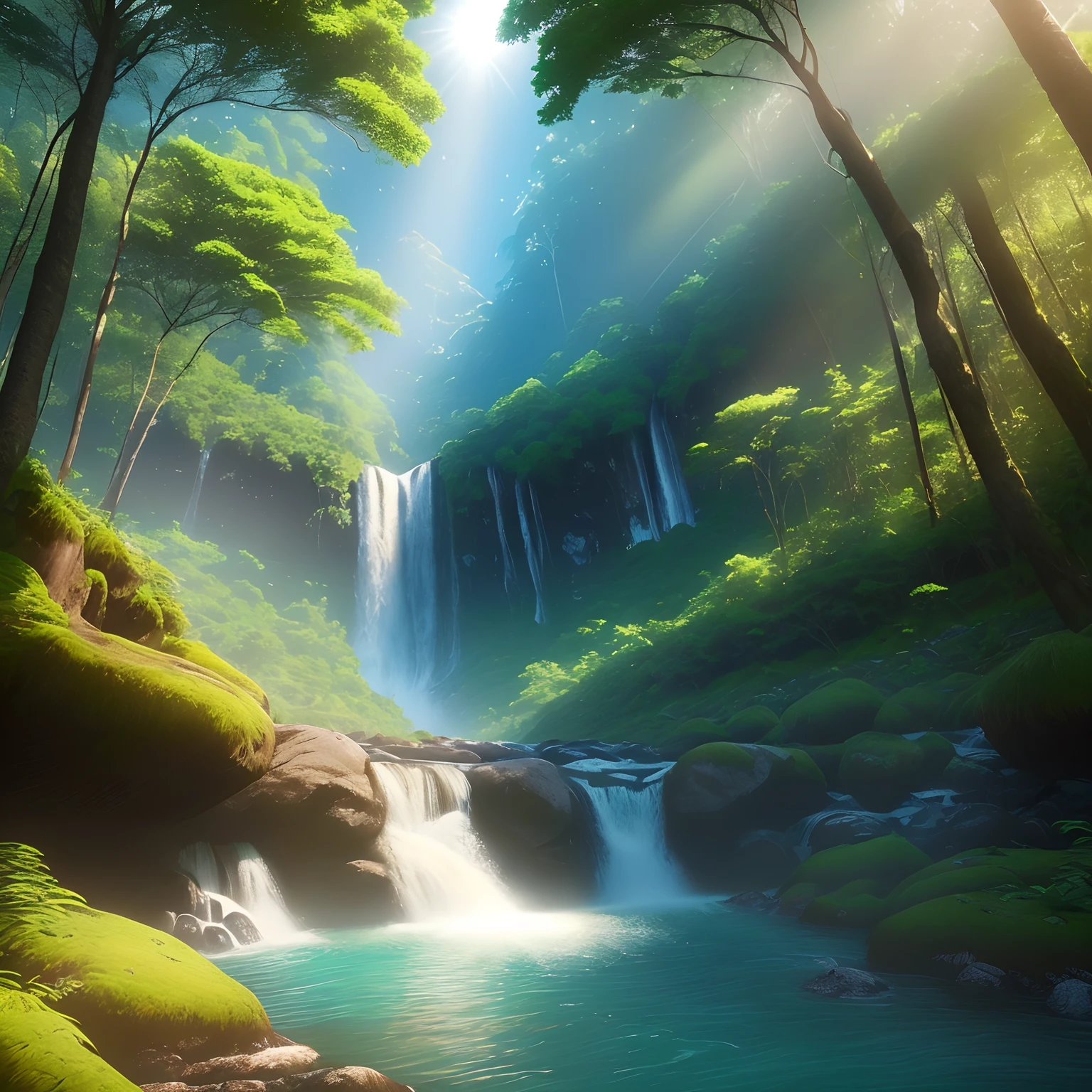 ( melhor qualidade, Paradise on Earth) um bosque verdejante com um rio passando na transversal, uma montanha no fundo um sol brilhando de forma suave, ultra realista e em 4k