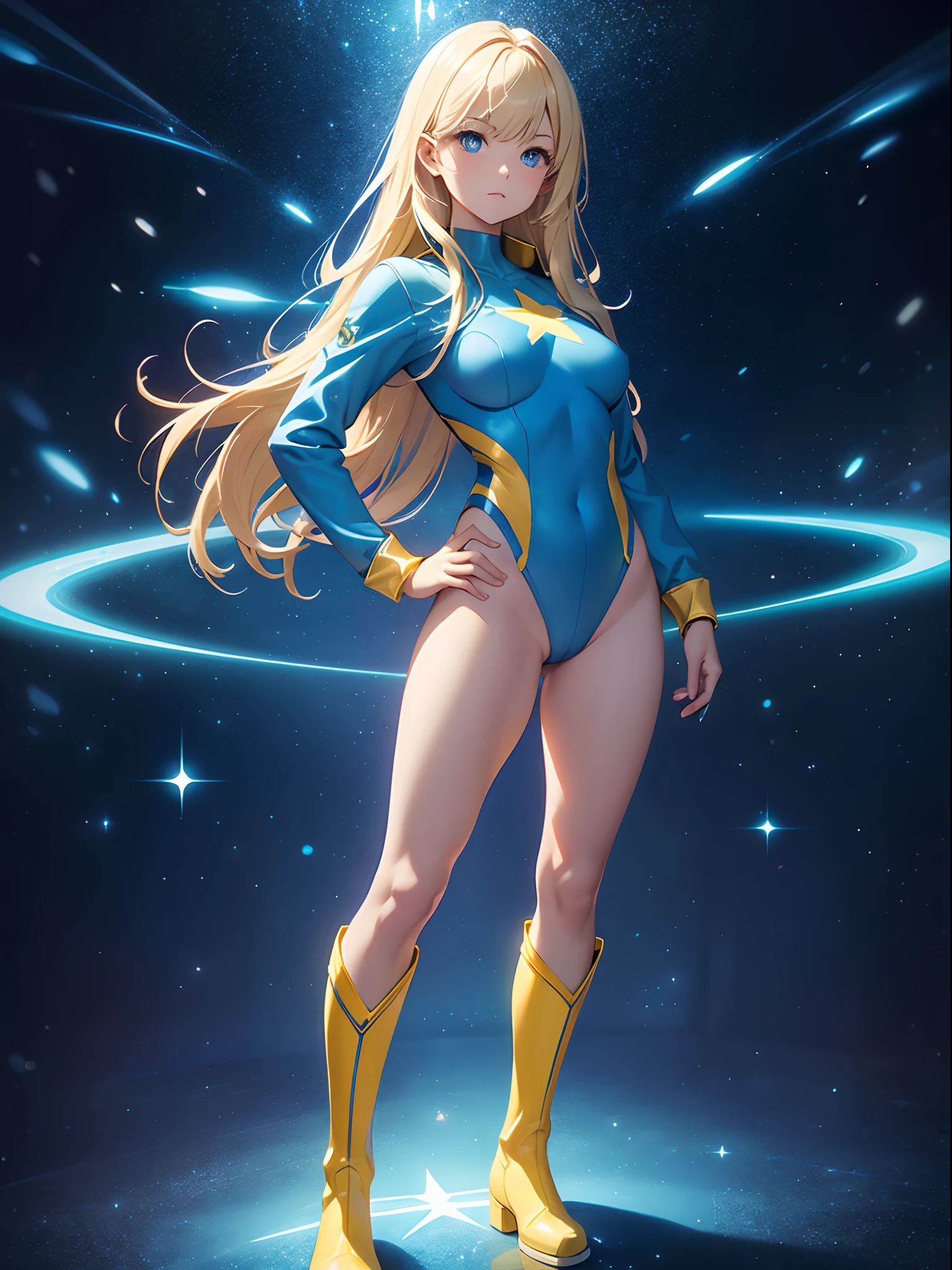 masterpiece, best quality, 1girl, superhero, blue and yellow leotard, bare legs, boots, matching boots, medium breasts, light particles, aura, blue aura, stand, standing, space backdrop, hand on hip, blonde hair, long hair, long sleeves, ankle boots, full body shot, perfect anatomy, star symbol, beautiful detailed eyes, solo