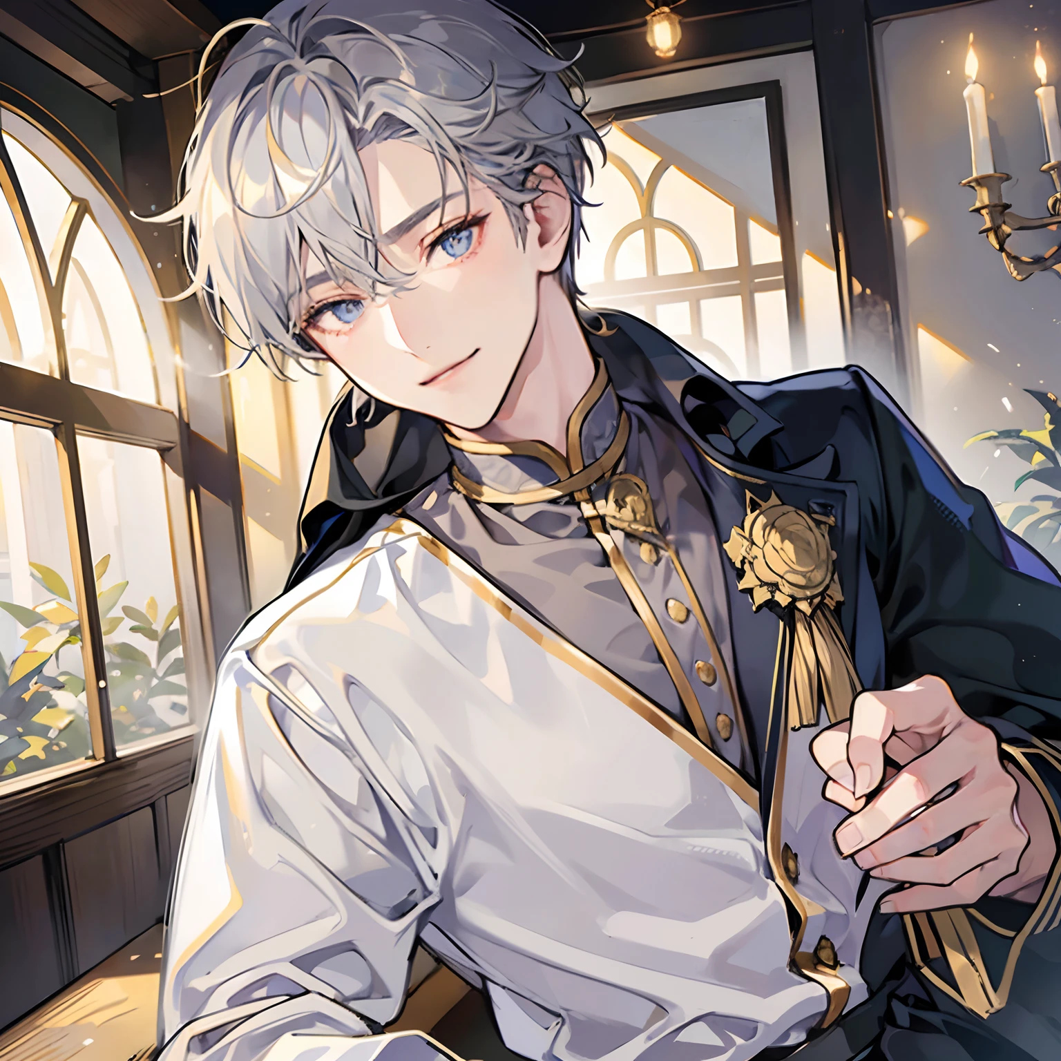 1 Short Platinum Gold Hair Men,grey pupils,shyly smile,Wrapped in love,Look down,Ultra Clear HD Half Body,Rich in detail,masutepiece。、Christmas、Asia Youth、One male prostitute