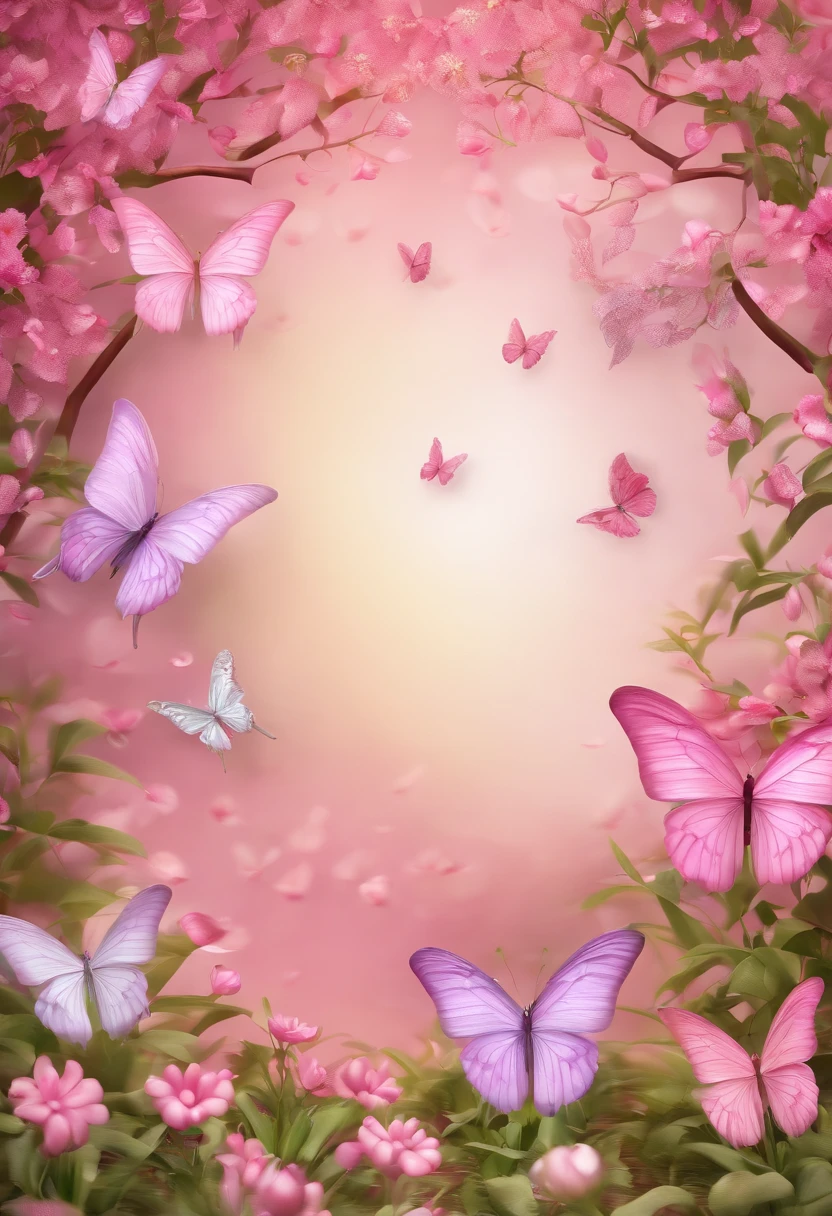 enchanted garden background, pink and light lilac butterflies of different sizes and colors flying, small pink birds, a variety of pink flowers and pink colors, predominantly pink. Cheerful, inviting, delicate, 3d cartoon style image