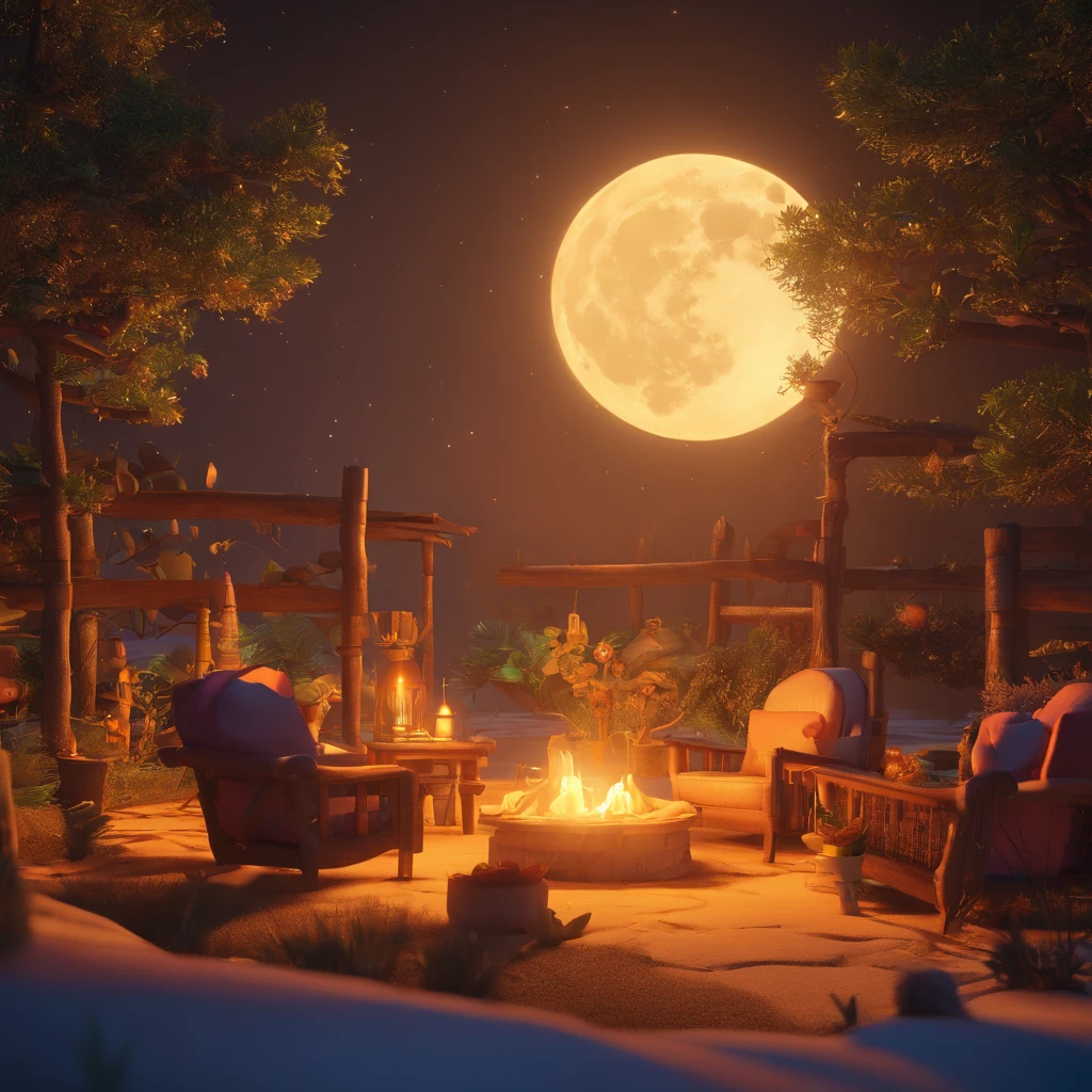 Create a Disney-style 3D animated scene It's a dark, cold night with the moon casting an eerie glow.