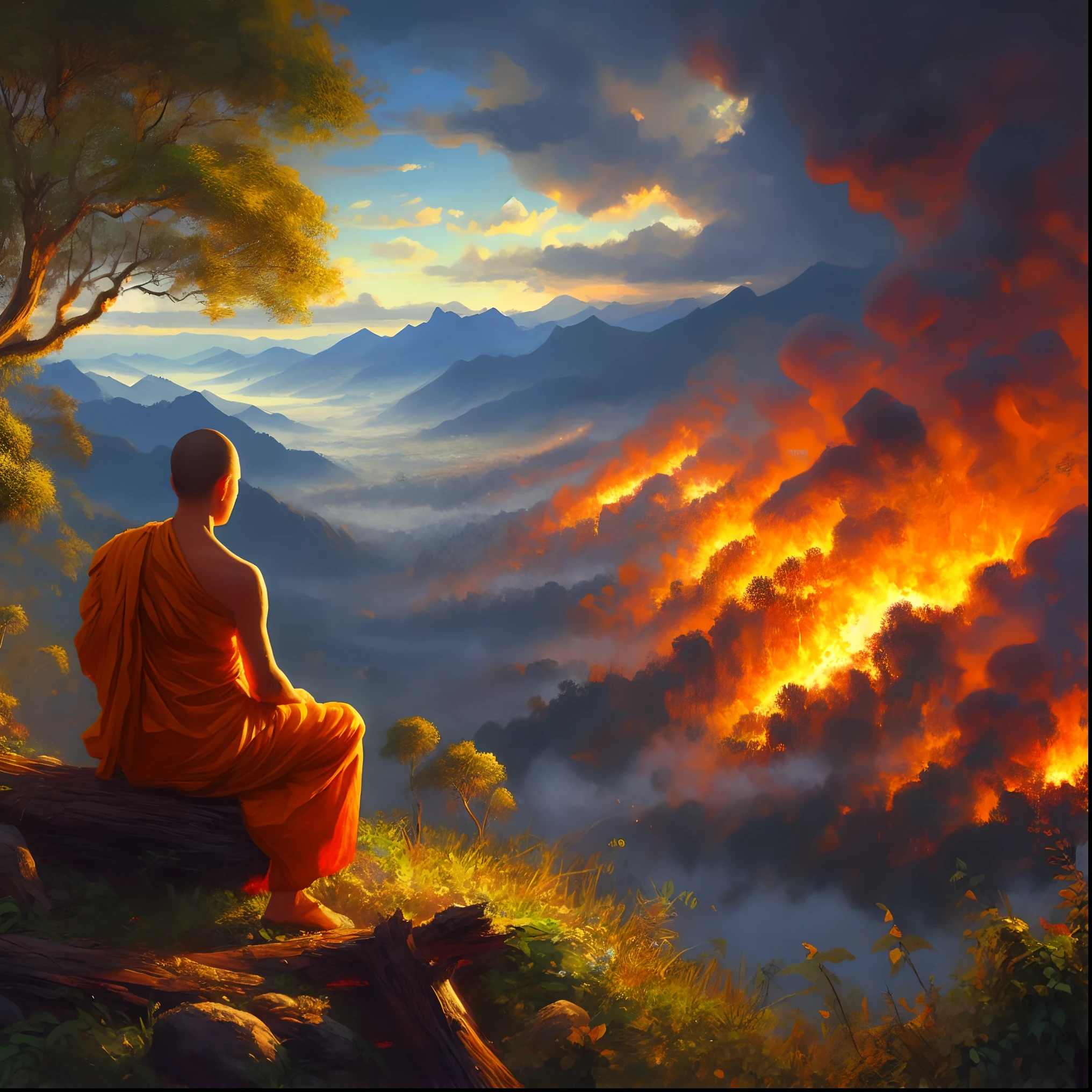 painting of a monk sitting on a tree stump looking at a mountain, monk meditate, buddhist monk meditating, monks!!!!!!!!! fire, buddhist, on path to enlightenment, buddhism, on the path to enlightenment, inspired by Christophe Vacher, his mind contemplating eternity, spiritual enlightenment, by RHADS, buddhist monk, meditation, meditating, background artwork, praying meditating