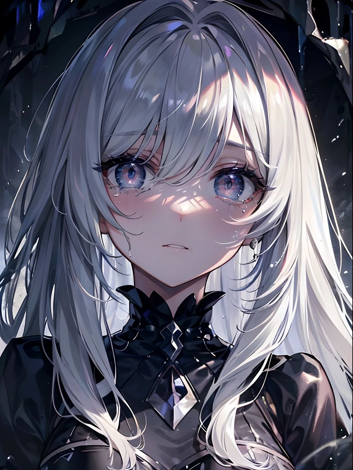 (masterpiece,best quality,ultra-detailed),1girl,beautiful and detailed face, detailed eyes,looking at viewer, multicolored eyes,((grey theme),((depression, sadness, melancholy)),grey skin,tired expression,sad,swollen eyelids,((very close up)),criying,gothic makeup, hair over eye,eye covered in hair,a dark cave in the background,