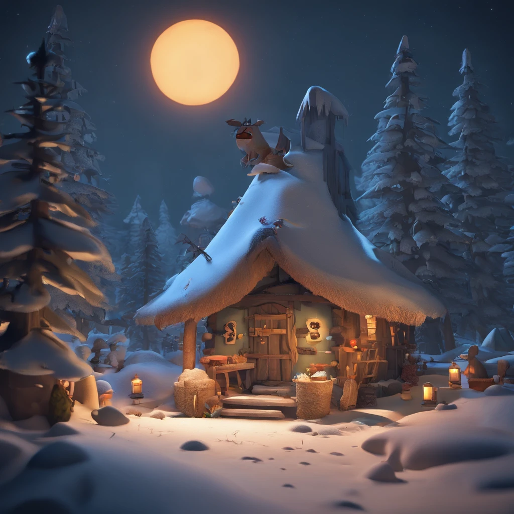 Create a Disney-style 3D animated scene depicting the chilling legend of 'Bicho do Frio'.
Start with a picturesque and magical village set in an ice-covered forest.
It's a dark, cold night with the moon casting an eerie glow.