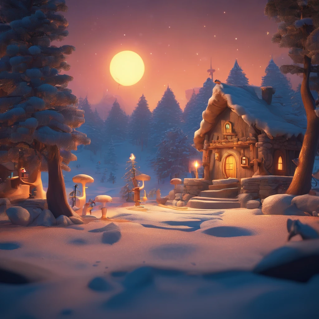 Create a Disney-style 3D animated scene depicting the chilling legend of 'Bicho do Frio'.


Start with a picturesque and magical village set in an ice-covered forest.

It's a dark, cold night with the moon casting an eerie glow.