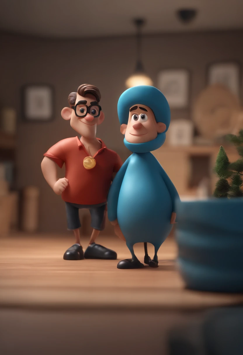 Cartoon character of a man wearing black glasses and a blue shirt, um personagem animado, Caractere estilizado, animation style rendering, 3D estilizado, Arnold Maya render, 3 d render stylized, toon render keyshot, Personagem 3D, Personagem 3D, 3d rendering stylized, 3 d character render, personagem de desenho animado, Personagem de close up, Pose de personagem, (Estilo Pixar) (master part:1.2) (Bokeh) (best quality) (pele detalhada) (textura detalhada) (8k) (argila) (Cinematic lighting) (foco nítido，Senta e vaza a parte superior do corpo