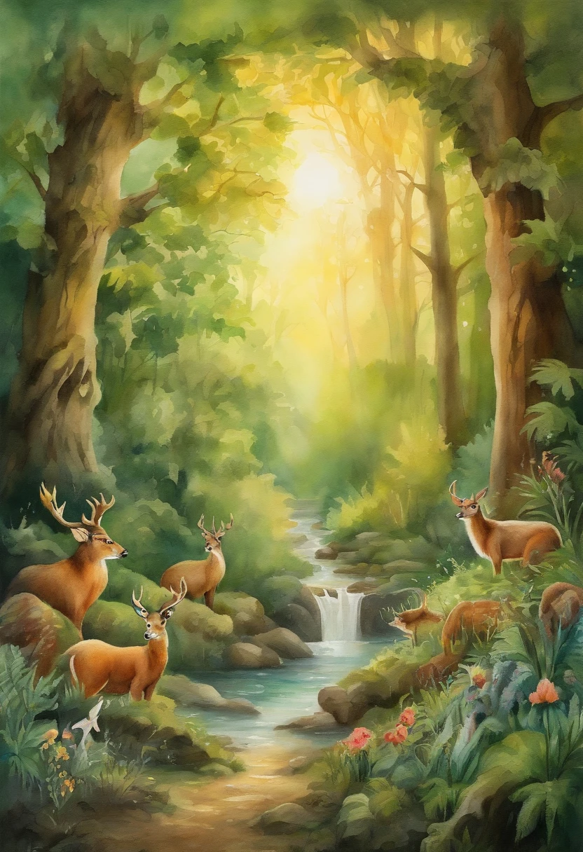 A beautiful forest with lush trees, Animals of all kinds and a magical clearing in the center, Where the animals gather. The sun shines softly over the scenery.