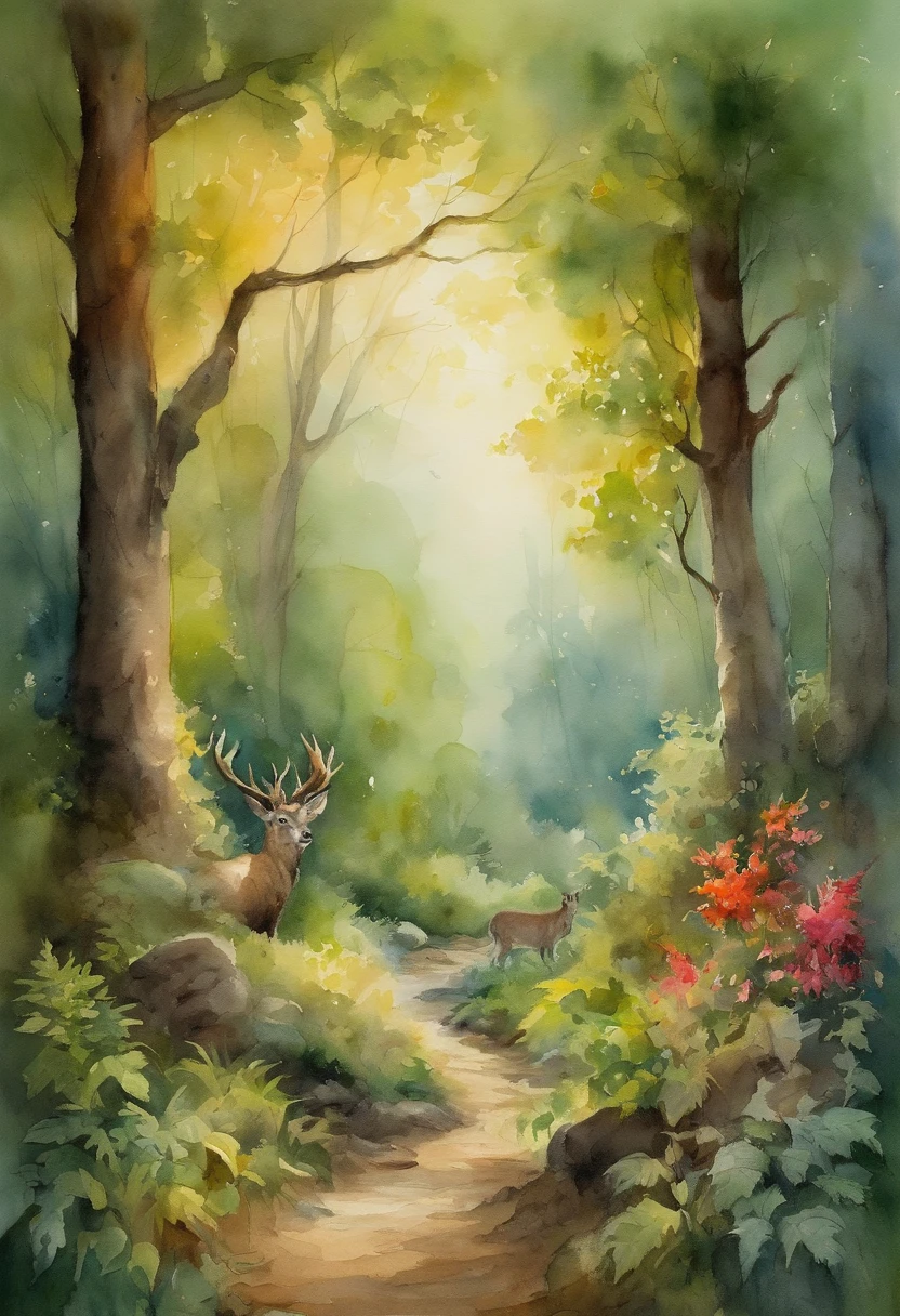 A beautiful forest with lush trees, Animals of all kinds and a magical clearing in the center, Where the animals gather. The sun shines softly over the scenery.