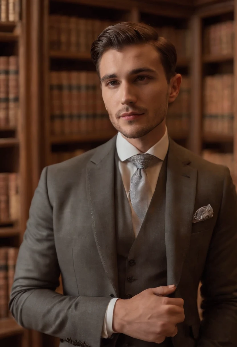 Jovem homem elegante em estilo sartorial, bespoke italiano. Standing in a wooden library