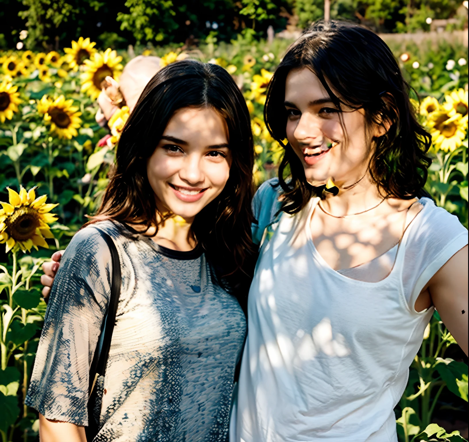 beautiful realistic woman in her twenties with freckles and skindetails in flower field during golden hour, skin with beautiful nostalgic mood and freckles with emotive face with wet skin and petals falling
