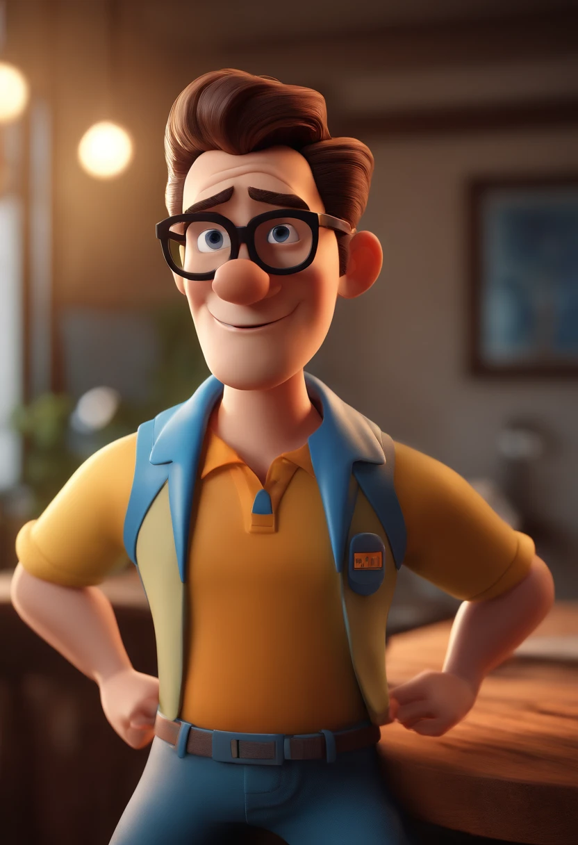 Cartoon character of a man with black glasses and a blue shirt, animation character, Caractere estilizado, animation style rendering, 3D estilizado, Arnold Maya render, 3 d render stylized, toon render keyshot, Personagem 3D, Personagem 3D, 3d rendering stylized, 3 d character render, personagem de desenho animado, Personagem de close up, Pose de personagem,  (Estilo Pixar) (master part:1.2) (Bokeh) (best quality) (pele detalhada) (textura detalhada) (8k) (argila) (Cinematic lighting) (foco nítido
