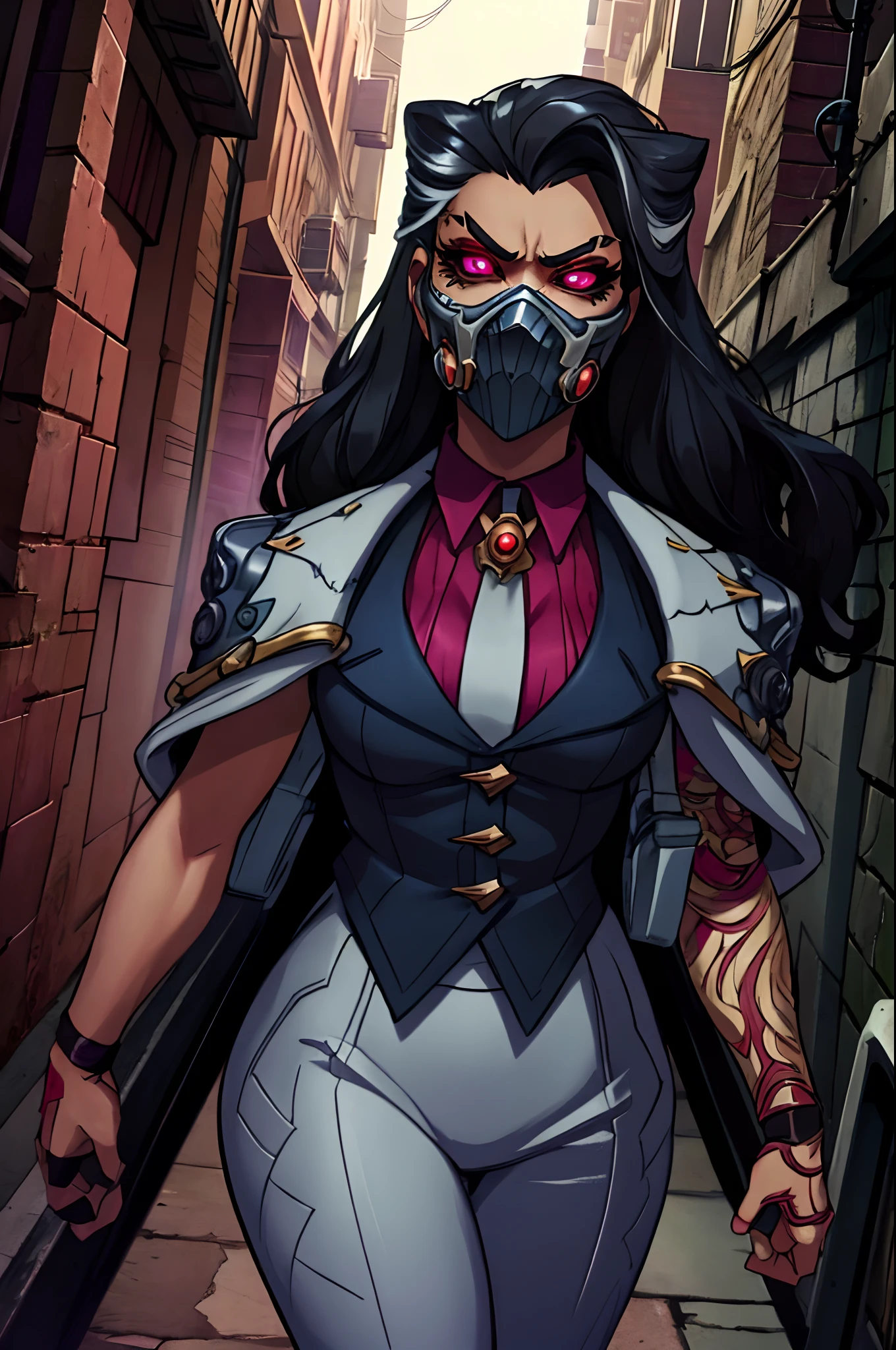 renata, rnta outfit, rnta jacket, rnta mask, angry, serious, walking toward viewer in very dark alley at night, steampunk, intense lighting, looking at viewer, glowing eyes, (cowboy shot), (insanely detailed, beautiful detailed face, masterpiece, beautiful detailed eyes, best quality), detailed face