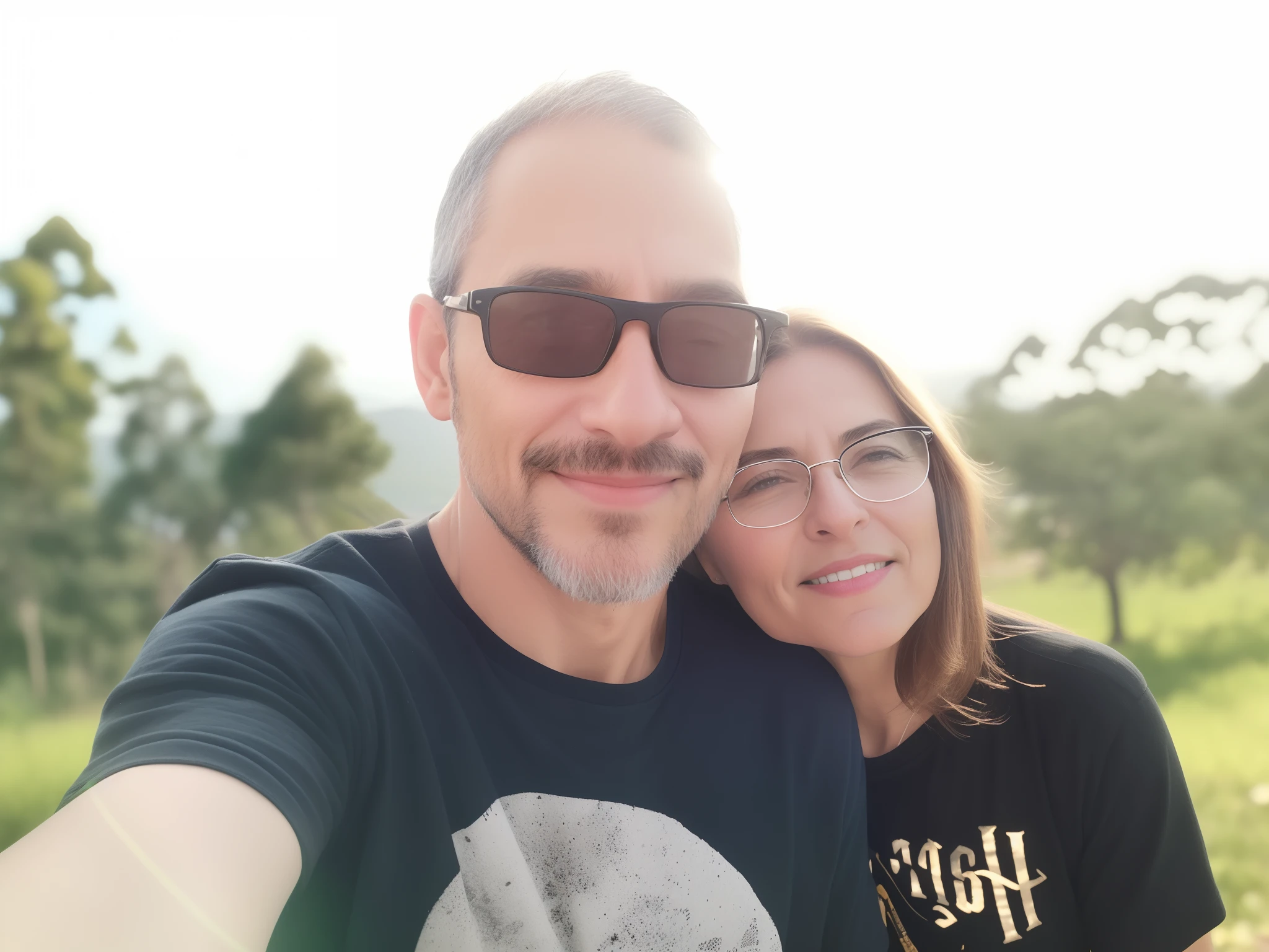 They're taking a selfie of themselves in the field, imagem de perfil, 4 5 I, Fotografia selfie 8k, com montanhas ao fundo, imagem do avatar, Homens de 45 anos, 3 6 anos, Fotografia tirada em 2 0 2 0, foto de perfil, retrato de casais, Casal feliz, 38 anos, foto retrato, dia ensolarado brilhante, Foto realista