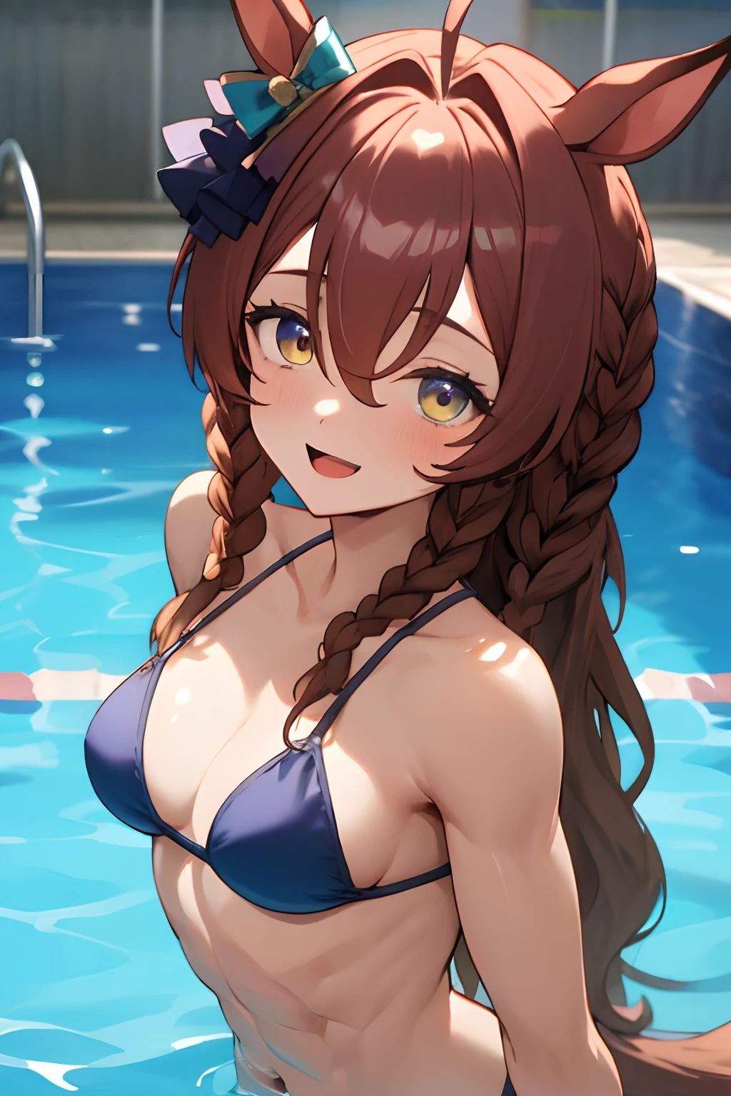 mejiro bright \(umamusume\), masterpiece, best quality, ultra-detailed face, muscle, abs, frontage, upper body, plain bikini, horse tail, pool, smile, detailed clear eyes, open mouth