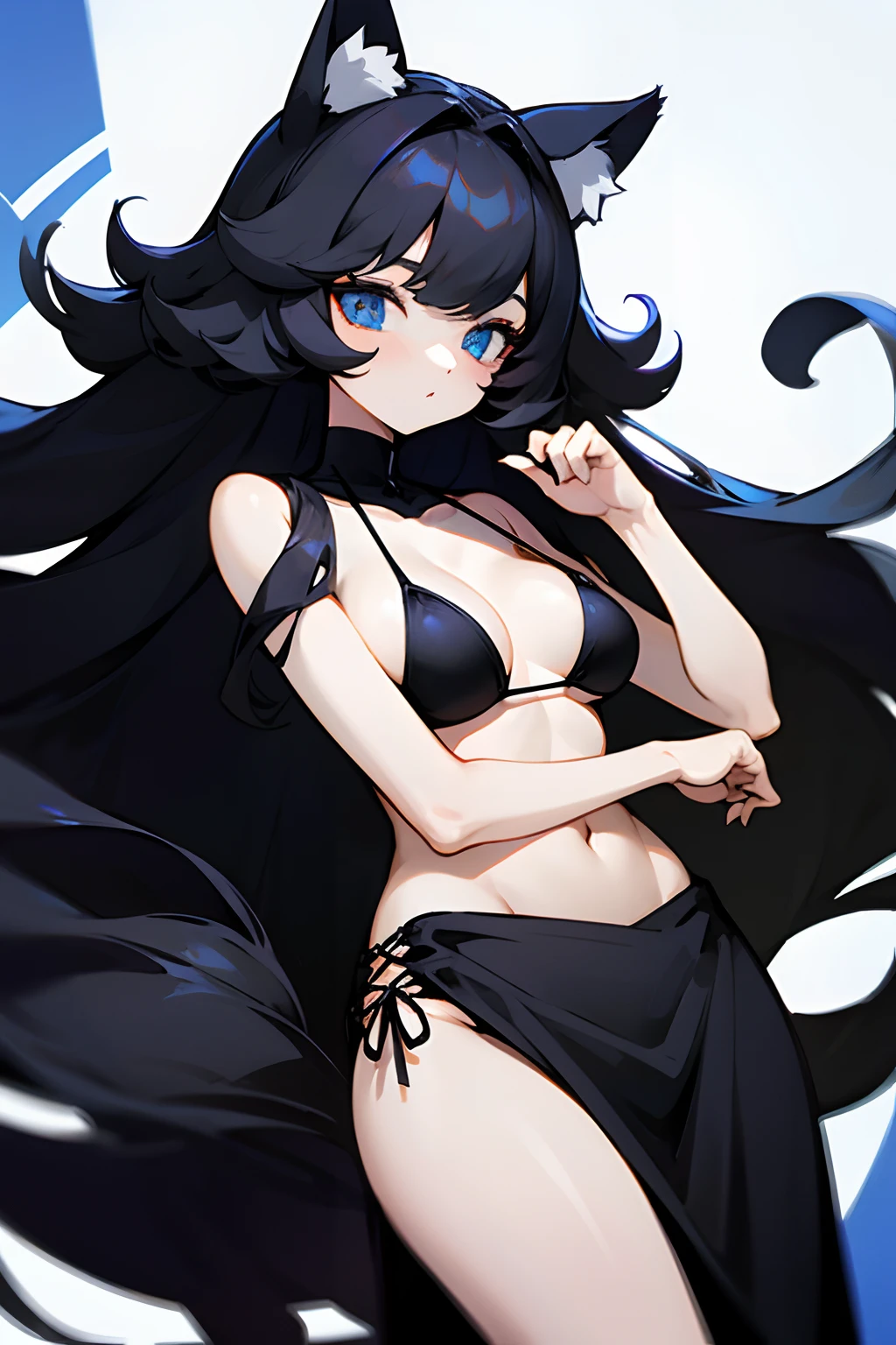 Cat-eared lady、cabelos preto e longos、Super long hair、perm、Black Bikini、Black long skirt