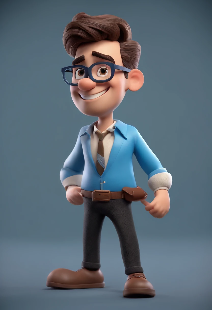 Cartoon character of a man wearing black glasses and a blue shirt, um personagem animado, Caractere estilizado, animation style rendering, 3D estilizado, Arnold Maya render, 3 d render stylized, toon render keyshot, Personagem 3D, Personagem 3D, 3d rendering stylized, 3 d character render, personagem de desenho animado, Personagem de close up, Pose de personagem, (Estilo Pixar) (master part:1.2) (Bokeh) (best quality) (pele detalhada) (textura detalhada) (8k) (argila) (Cinematic lighting) (foco nítido，Senta e vaza a parte superior do corpo
