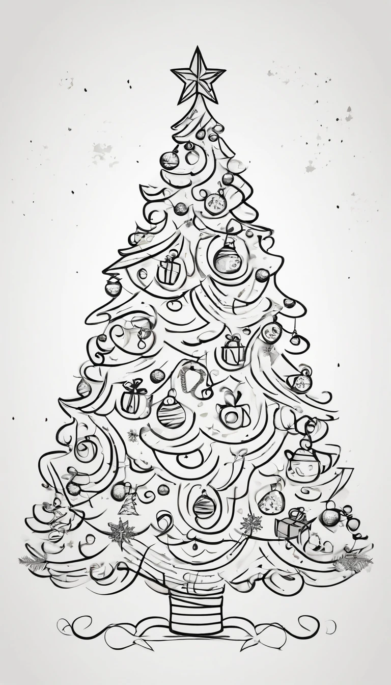 Outline a drawing of a Christmas tree With decorations kids style