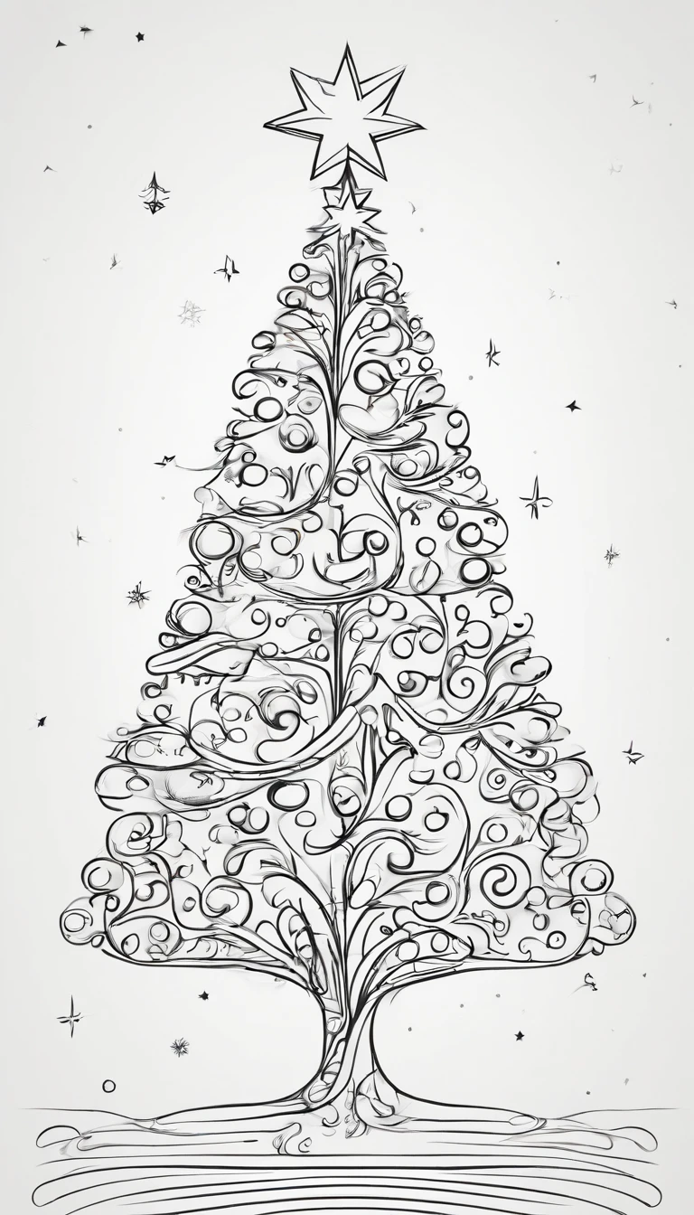 Outline a drawing of a Christmas tree With decorations kids style