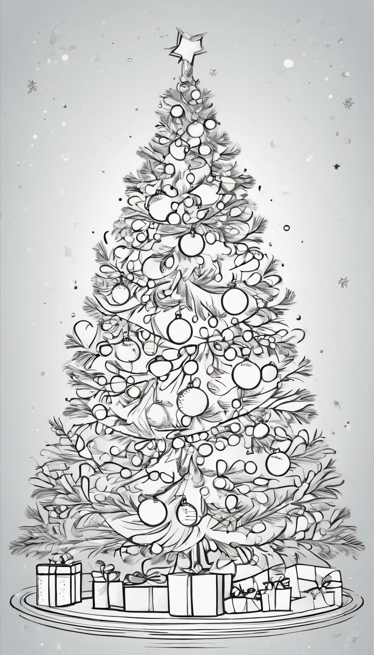 Outline a drawing of a Christmas tree With decorations kids style