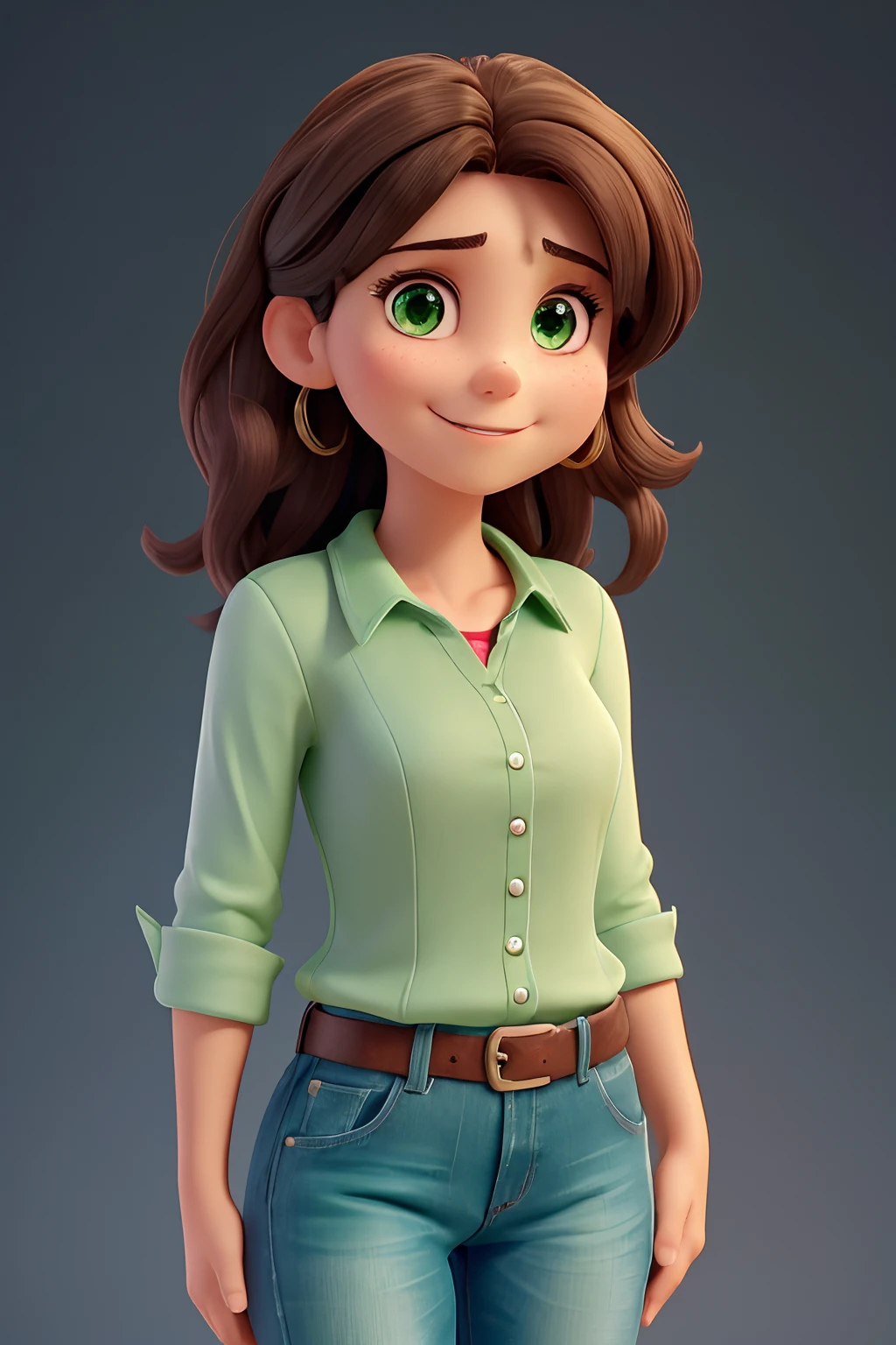 A 30-year-old woman, medium dark brown hair, round face, charming smile and green eyes, studio lighting, She is wearing green clothes, white blouse, blue jeans
