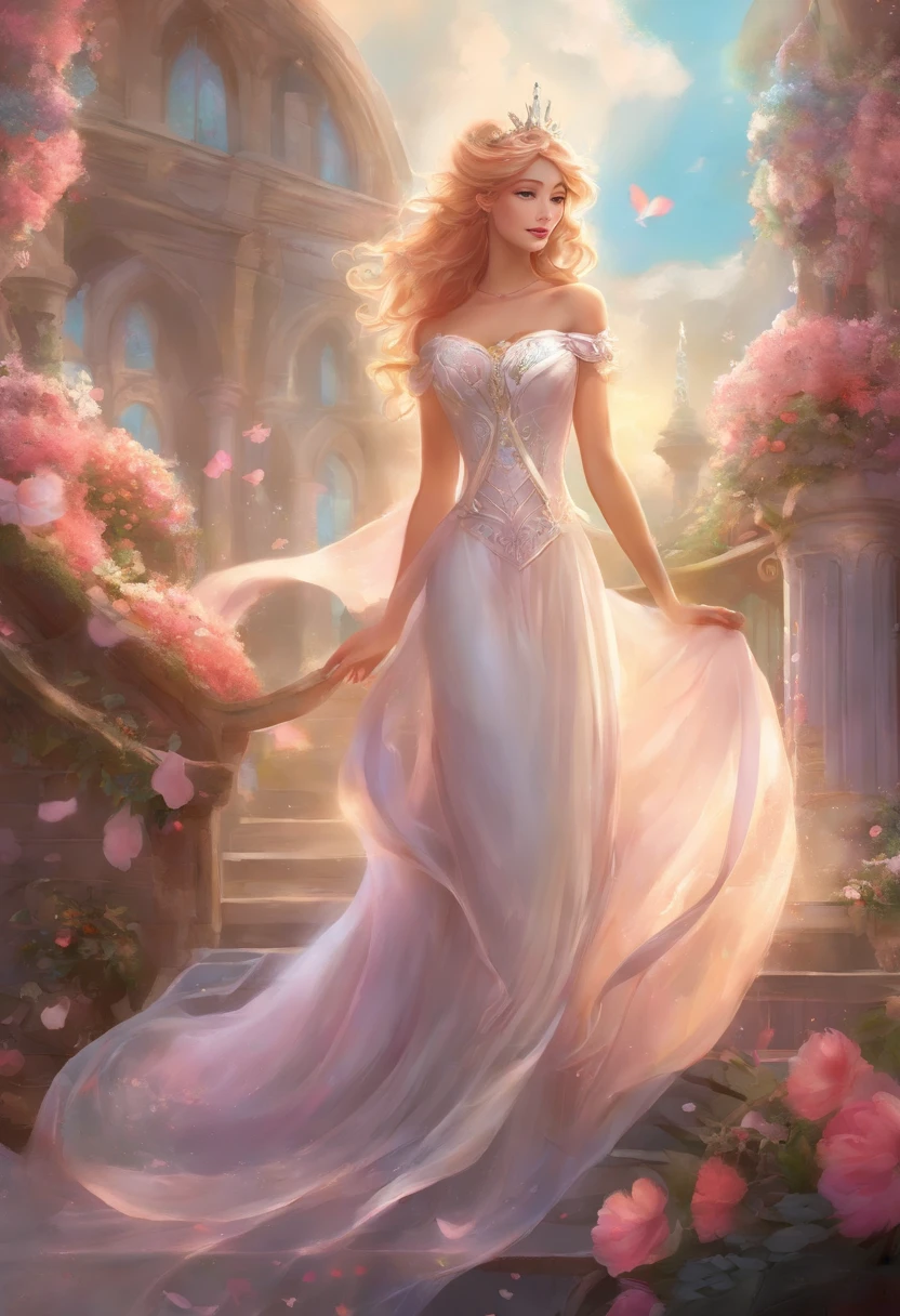 Mujer en vestido blanco de pie frente al castillo, in style of disney animation, very magical and dreamy, Hermosa escena de anime, The Most Beautiful Scenes, Great Great Composition, In the white clouds of fairyland, Anime Barbie en blanco, lost in a dreamy fairy landscape, A paradise like a fairyland, beautiful and aesthetic, Anime Hermosa escena de paz, magic flowers