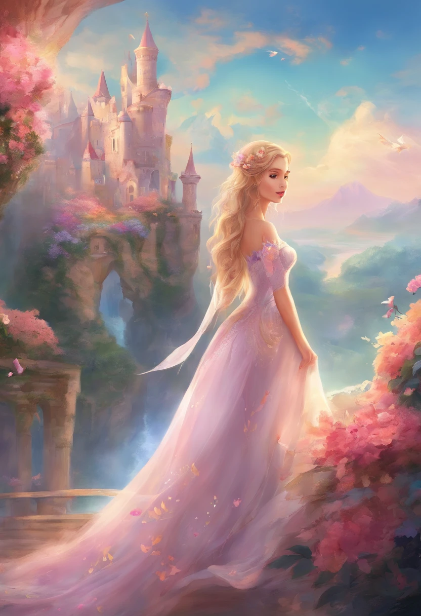 Mujer en vestido blanco de pie frente al castillo, in style of disney animation, very magical and dreamy, Hermosa escena de anime, The Most Beautiful Scenes, Great Great Composition, In the white clouds of fairyland, Anime Barbie en blanco, lost in a dreamy fairy landscape, A paradise like a fairyland, beautiful and aesthetic, Anime Hermosa escena de paz, magic flowers