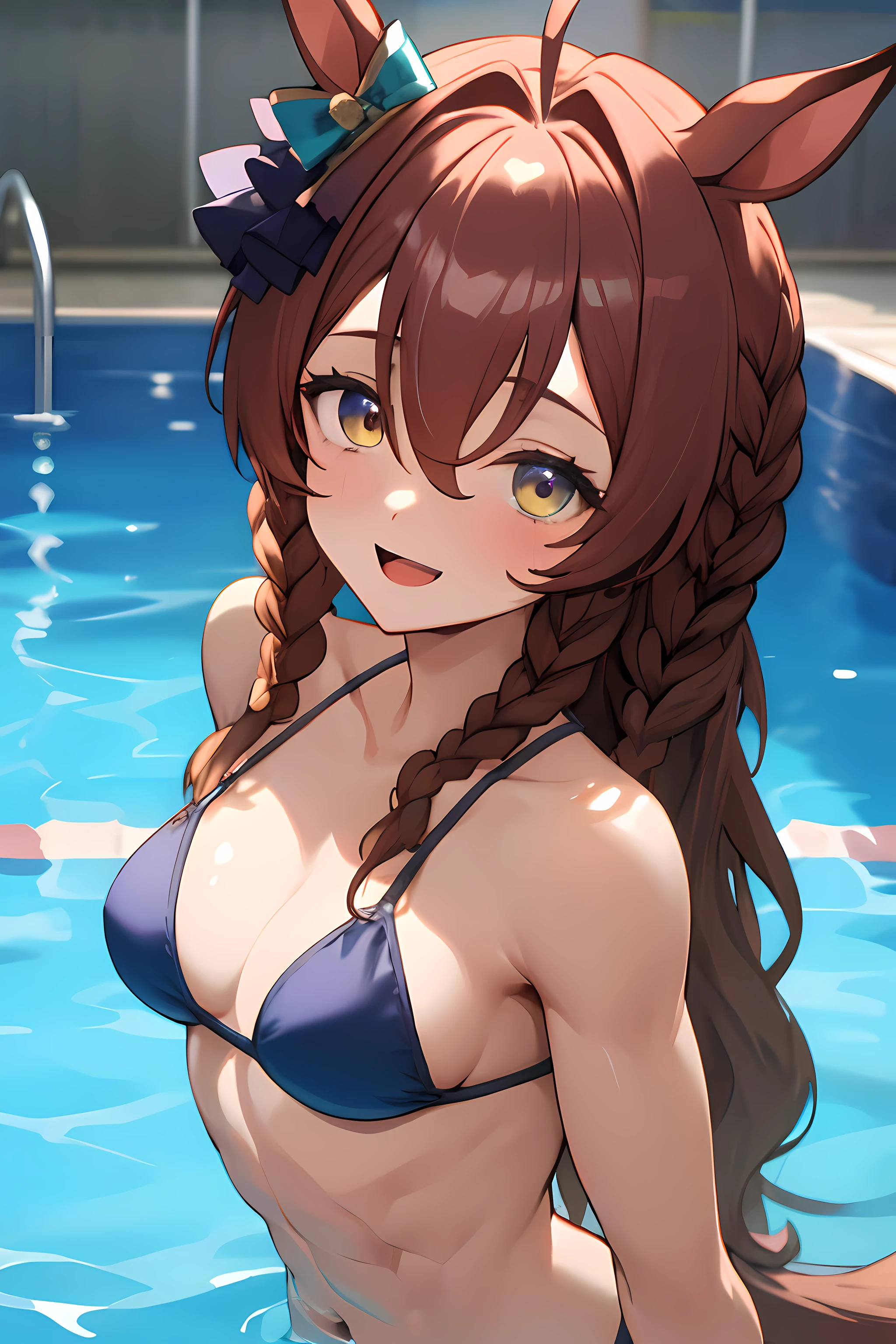 mejiro bright \(umamusume\), masterpiece, best quality, ultra-detailed face, muscle, abs, frontage, upper body, plain bikini, horse tail, pool, smile, detailed clear eyes, open mouth