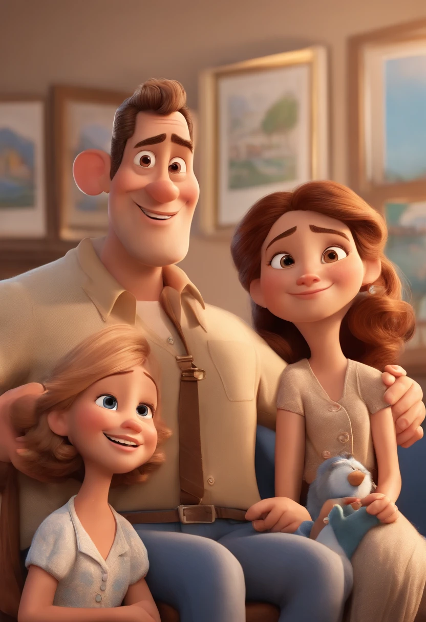 Cartoon of a family together. O Pai tem 40 anos, it's skinny, He has no hair and has a goatee around his chin. The mother is 35 years old, cabelos castanhos, She's a little chubby and a little shorter than her father. A filha tem 7 anos, cabelos loiros encaracolados. 3D Animation Movie Poster, Poster de filme animado, pixar 3 d animation style, pixar renderman rendering, maia 8 mil, animated film, Disney Pixar Estilo 3D, amigos felizes saem juntos, all wearing light blue shirts and cream brown long pants, camisa azul clara, cream brown pants, ao ar livre, vacation, Disney Pixar Animation Poster