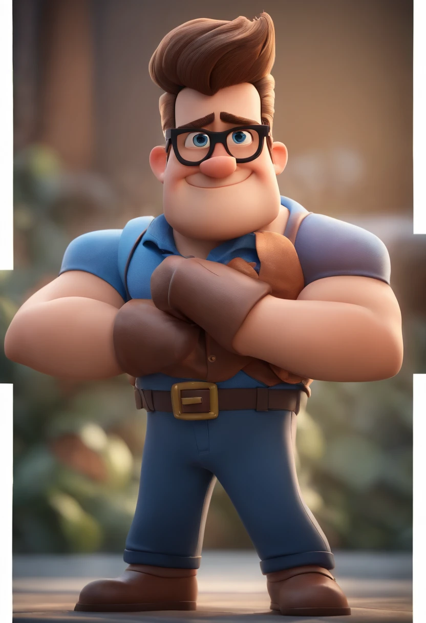 Cartoon character of a man wearing black glasses and a blue shirt, um personagem animado, Caractere estilizado, animation style rendering, 3D estilizado, Arnold Maya render, 3 d render stylized, toon render keyshot, Personagem 3D, Personagem 3D, 3d rendering stylized, 3 d character render, personagem de desenho animado, Personagem de close up, Pose de personagem, (Estilo Pixar) (master part:1.2) (Bokeh) (best quality) (pele detalhada) (textura detalhada) (8k) (argila) (Cinematic lighting) (foco nítido,Senta e vaza a parte superior do corpo