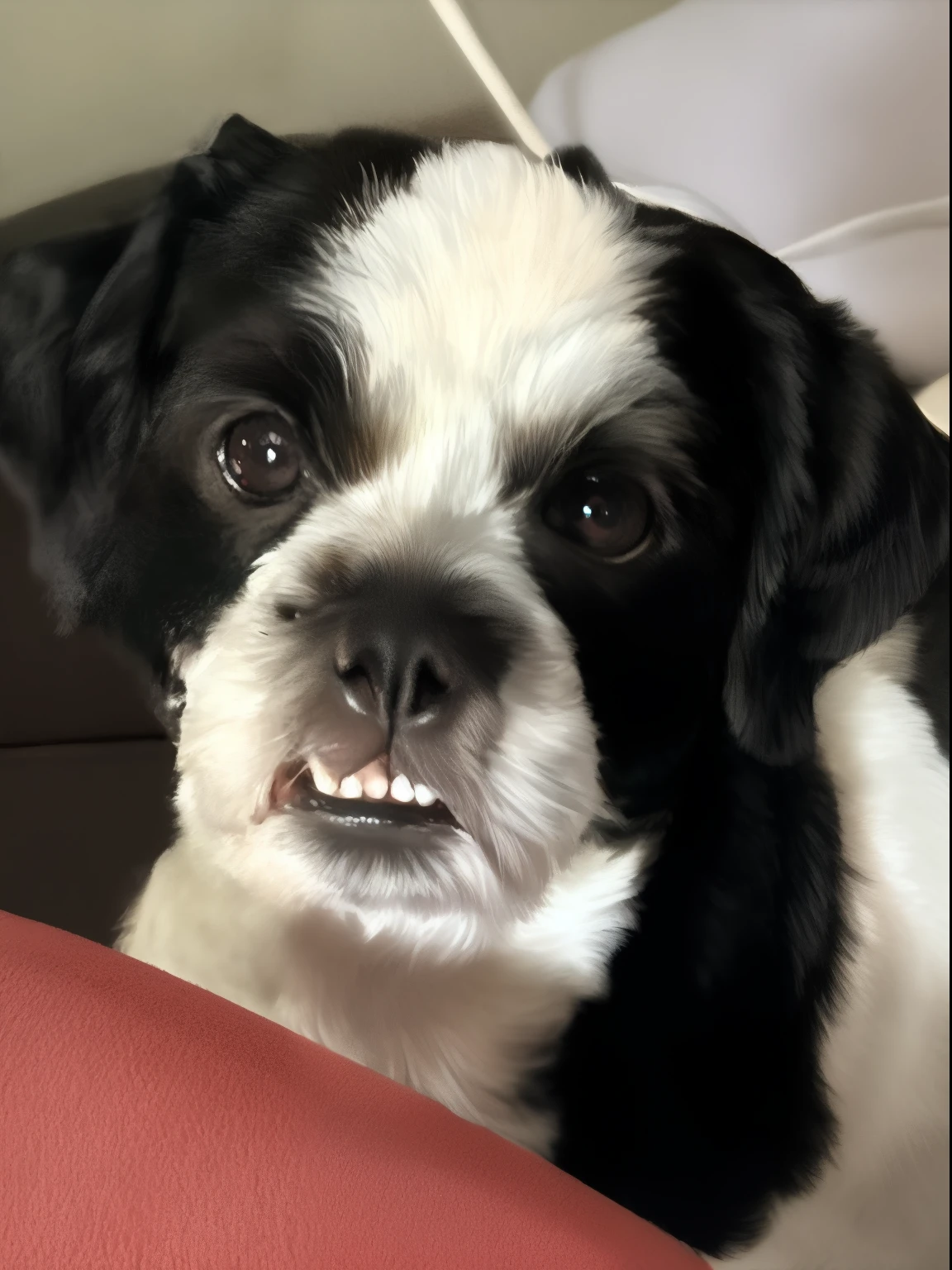 Disney Pixar Style There's a Black and White Dog Sitting on a Red Couch, happily smiling at the camera, Closeup. boca aberta, rosnar dentes de cachorro, dentes redondos e rosto pateta, smiling at camera, sorridente, mas tem um temperamento, large eyes and menacing smile, foto altamente detalhada de feliz, muito bobo olhando, smiling at camera, cara boba fofa