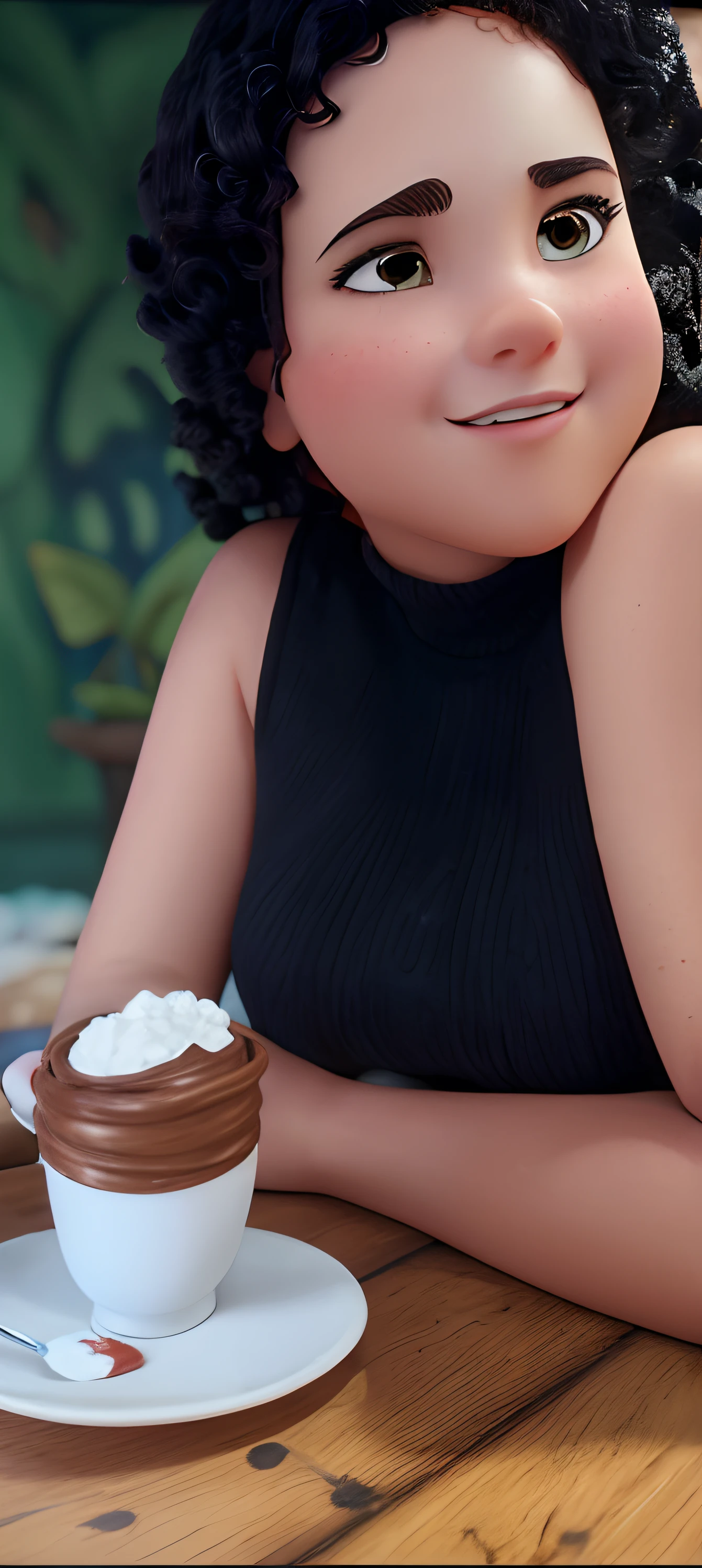 Capa de filme estilo Disney, uma menina morena com olhos castanhos, and curly hair working painting pictures and an art studio in the background