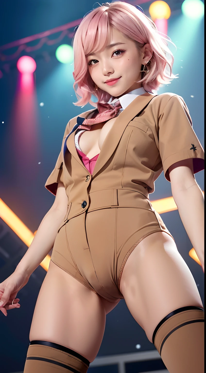 (masterpiece), (best quality), (ultra detailed),(disheveled hair),(illustration), (1girl),(),japnese idol,smile, (colorful school uniform:1.3),(open chest:1.5),Fashion model, looking at viewer, (interview),Mike stand (idol stage),beautiful detailed eyes, delicate beautiful face, Floating,(high saturation),(colorful splashes),(shining), focus on face,ahoge, kamisato ayaka, light pink hair, hair ring,short hair, (shining), best lighting, best shadow,(camel toe:1.4),show off camel toe,standing,spread legs