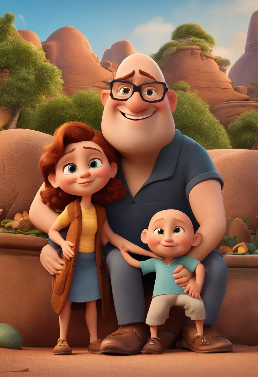 Cartoon of a family together. O Pai tem 40 anos, it's skinny, He has no hair and has a goatee around his chin. The mother is 35 years old, cabelos castanhos, She's a little chubby and a little shorter than her father. A filha tem 7 anos, cabelos loiros encaracolados. 3D Animation Movie Poster, Poster de filme animado, pixar 3 d animation style, pixar renderman rendering, maia 8 mil, animated film, Disney Pixar Estilo 3D, ao ar livre, vacation, Disney Pixar Animation Poster
