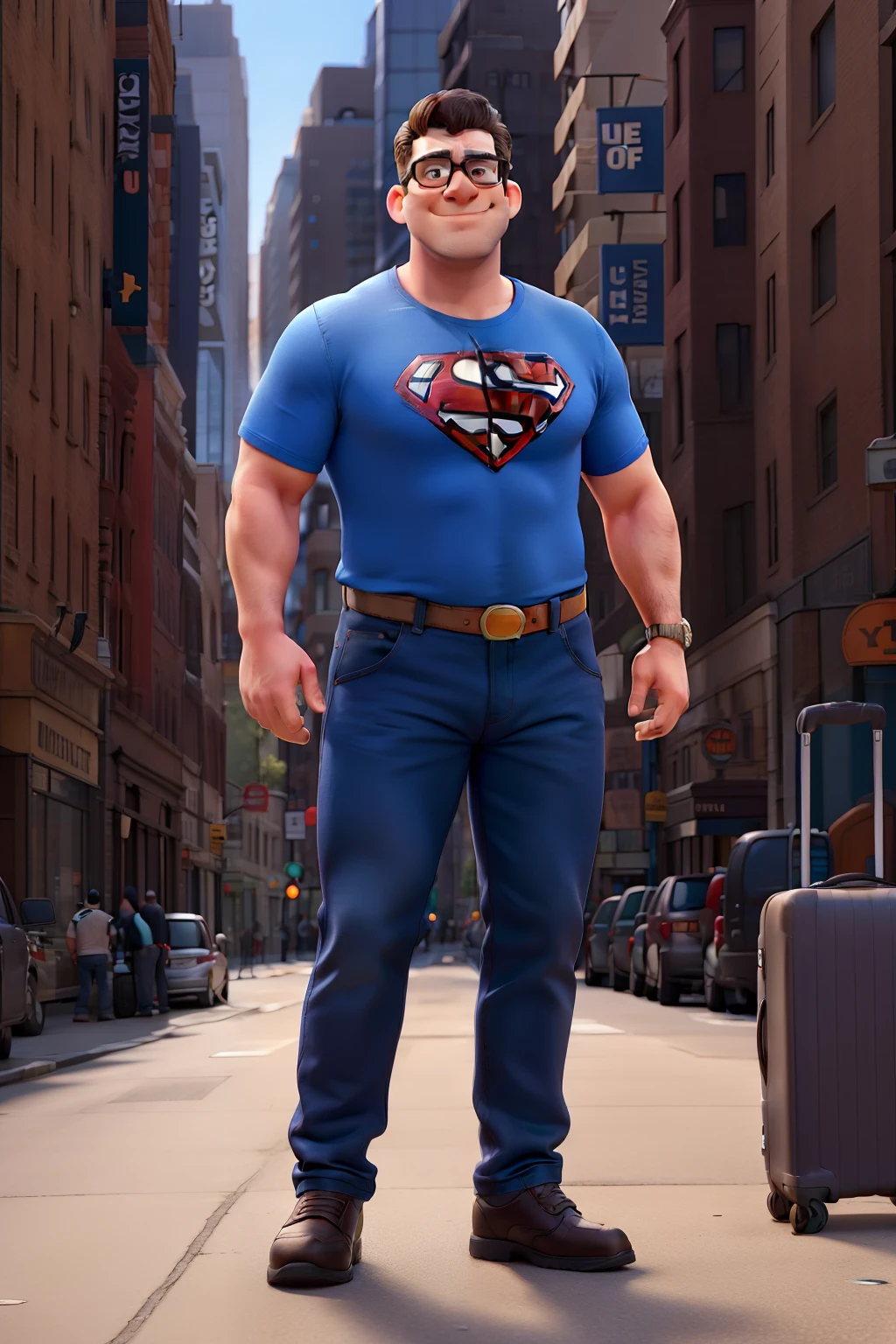 A big man with glasses, standing in broadway street with wearing superman shirt and blue jeans tights pants ,bring a suitcase ,armpit, casual black shoes