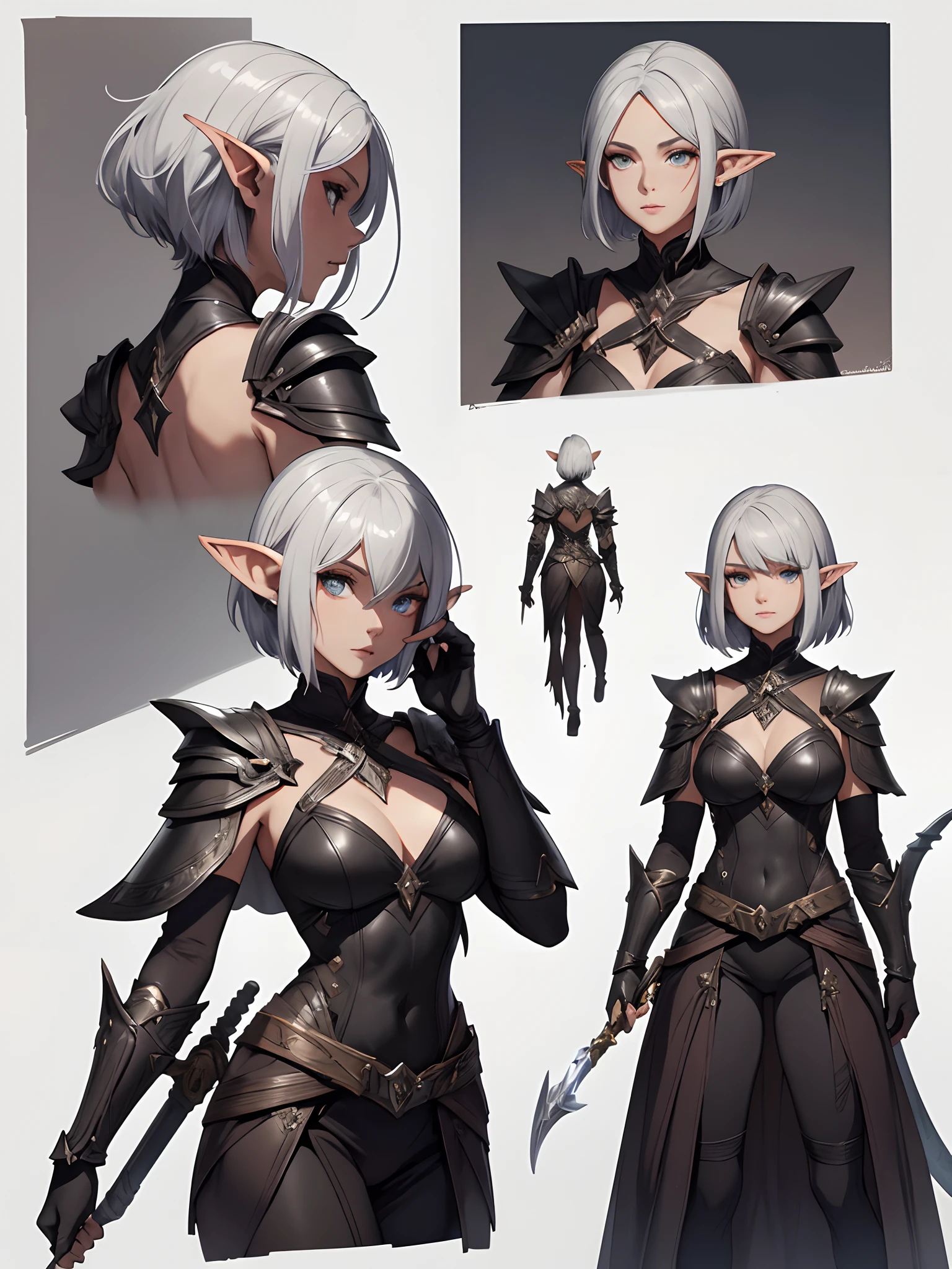 Elora is a mysterious and attractive half-Elf researcher. Her appearance combines elvish elegance with human grace, and her eyes, like the starry sky, shimmer with different shades. Her short silver hair gives her lightness and elvish grace. The character is dressed in leather armor with an elven ornament. Character concept, correct anatomy, beautiful girl, full-length character, DnD character concept, character in leather armor with metal elements. closed harrow, character concept art, weapons: bow and dagger, short haircut of silver color