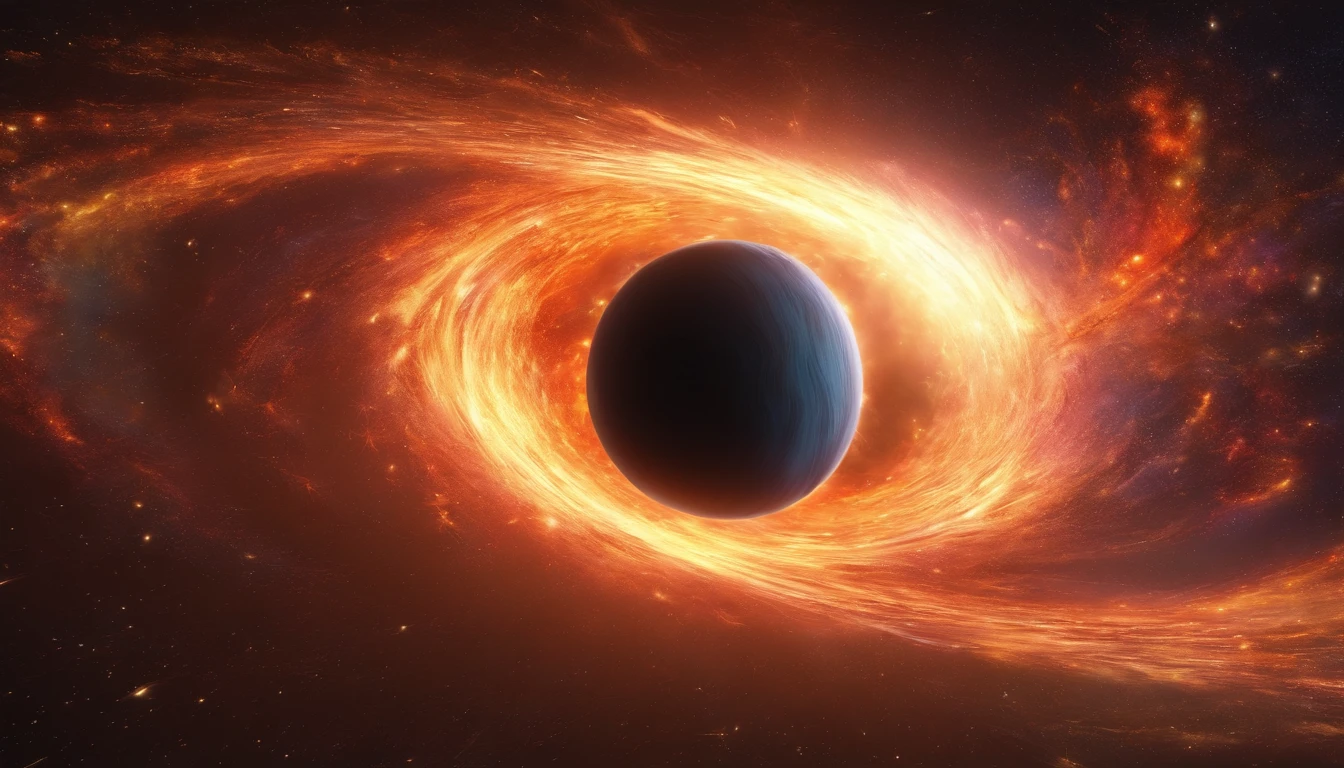 Create a realistic depiction of a black hole in deep space. Detail the colors, the gravitational distortion around it, and the lighting effects as objects are pulled toward the black hole. Try to convey the sense of a cosmic wonder and a truly awe-inspiring phenomenon