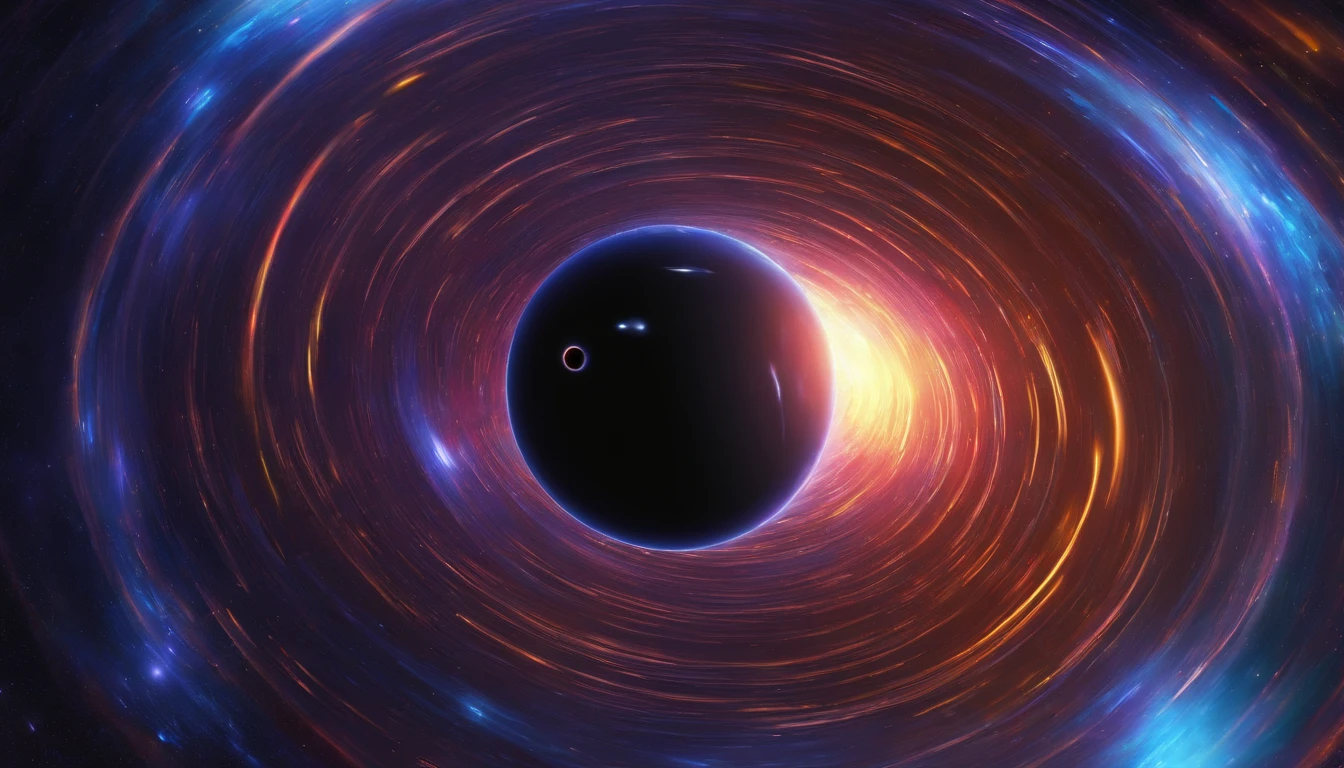 Create a realistic depiction of a black hole in deep space. Detail the colors, the gravitational distortion around it, and the lighting effects as objects are pulled toward the black hole. Try to convey the sense of a cosmic wonder and a truly awe-inspiring phenomenon
